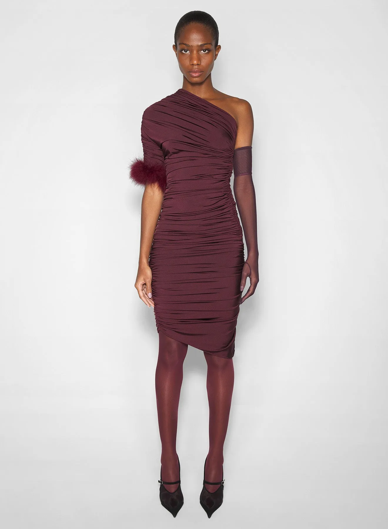 burgundy one-shoulder marabou dress Perfect Proportion