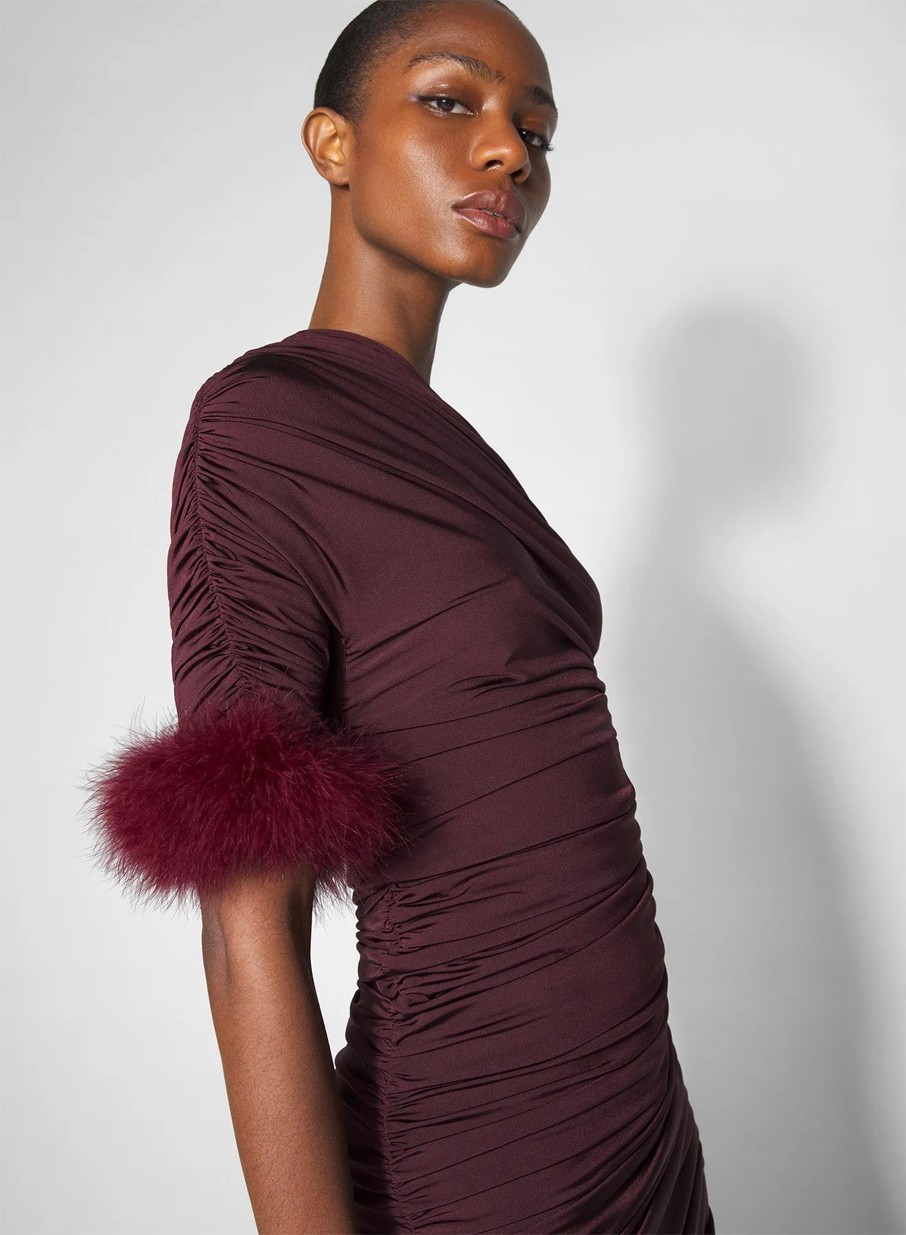 Quick Glam Drawstring-Closure burgundy one-shoulder marabou dress