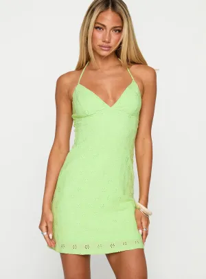 Summer Cider Embroidered Mini Dress Green Lace-Sleeve Chic Appeal