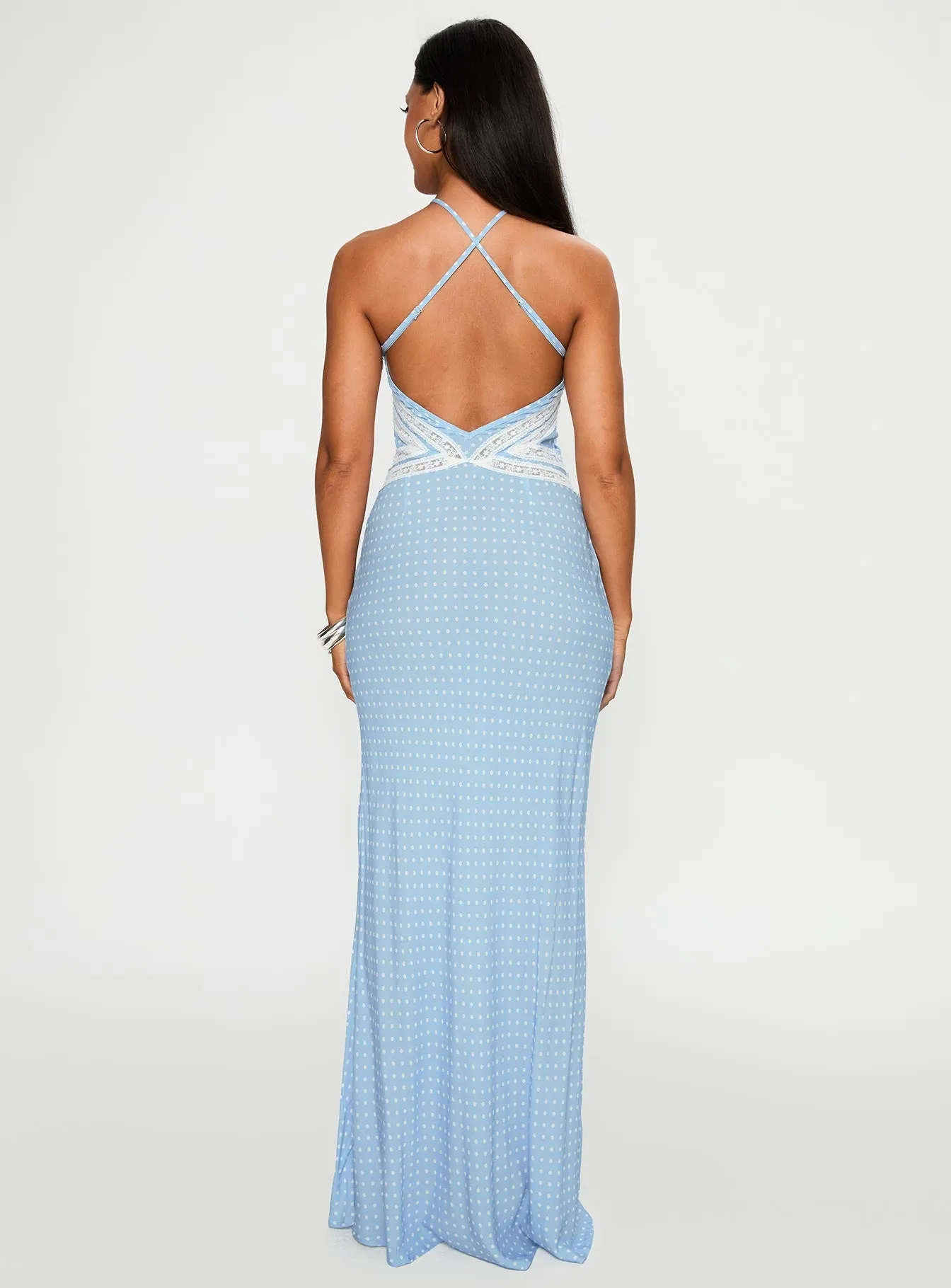 Wild Joy Halter Maxi Dress Blue Polka Open Back Power Soft