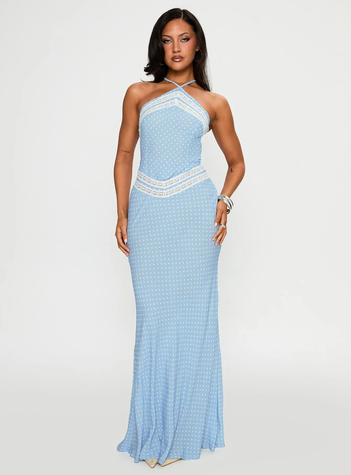 Soft Layers Wild Joy Halter Maxi Dress Blue Polka