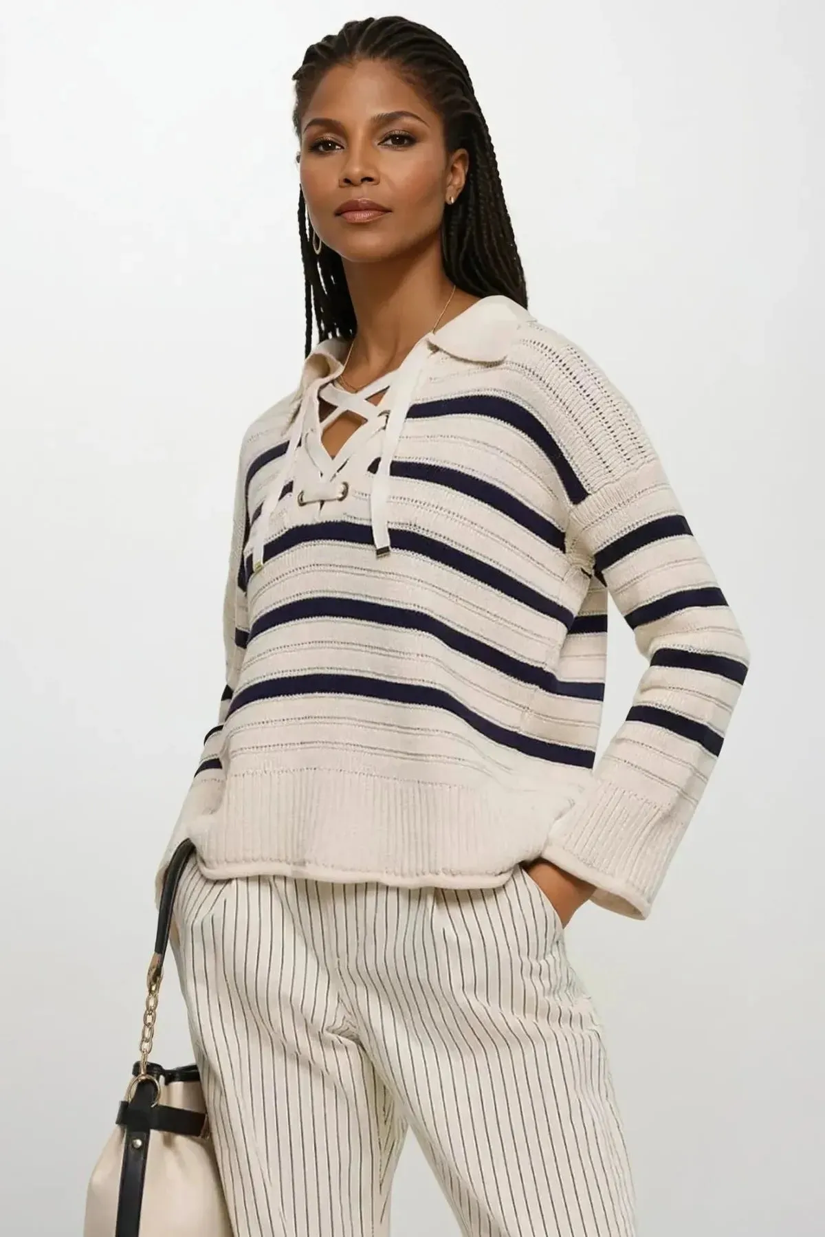 Stay Simple Lightweight Weave Cream stripe lace up jumper