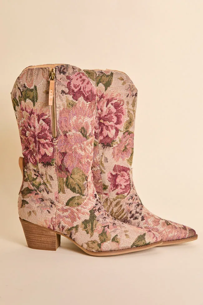 Brilee Floral Tapestry Cowboy Boots Lace Up Lace Up Design