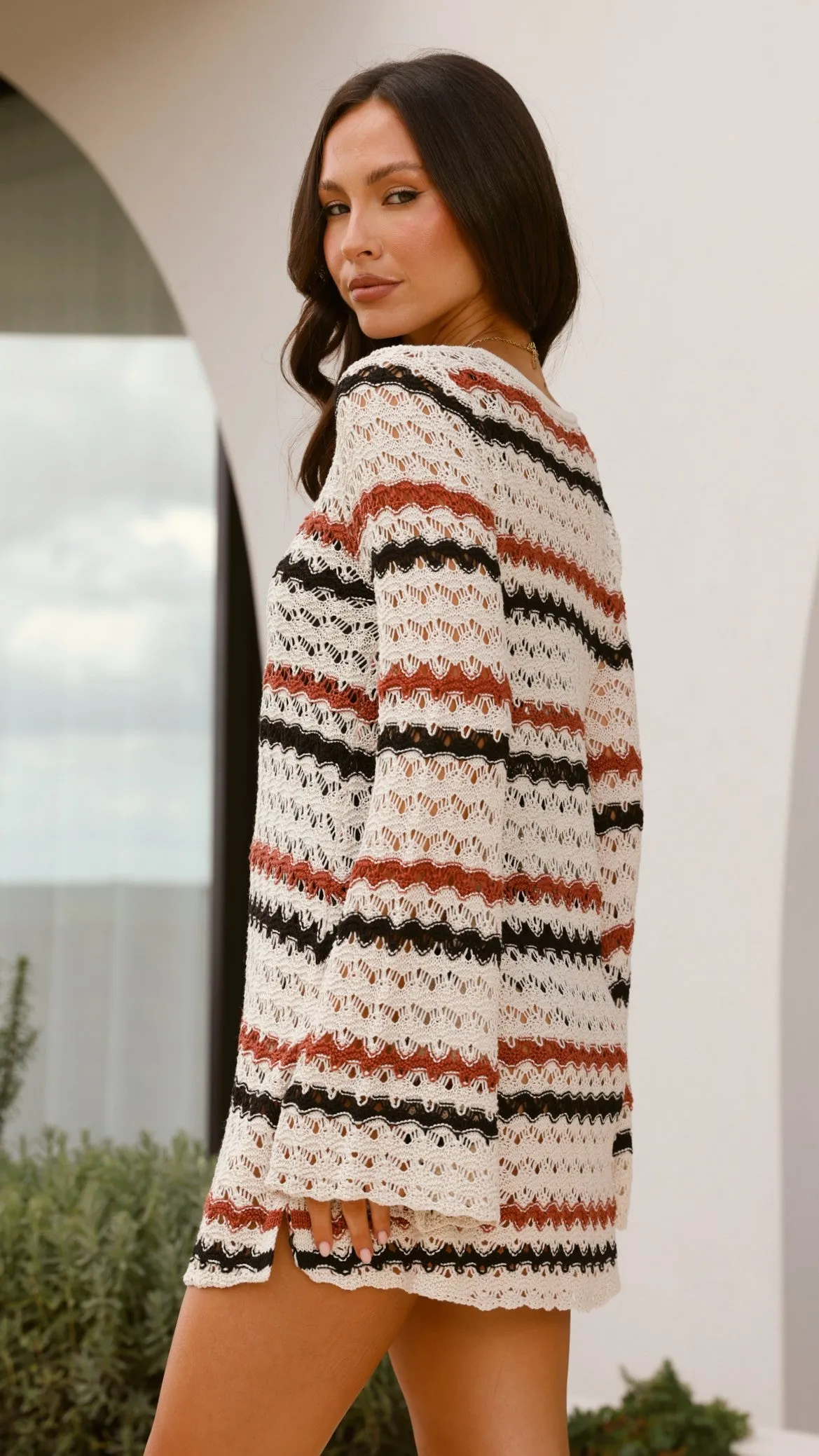 Contrast Stitch Brushed Inner Bron Mini Dress - Natural Stripe