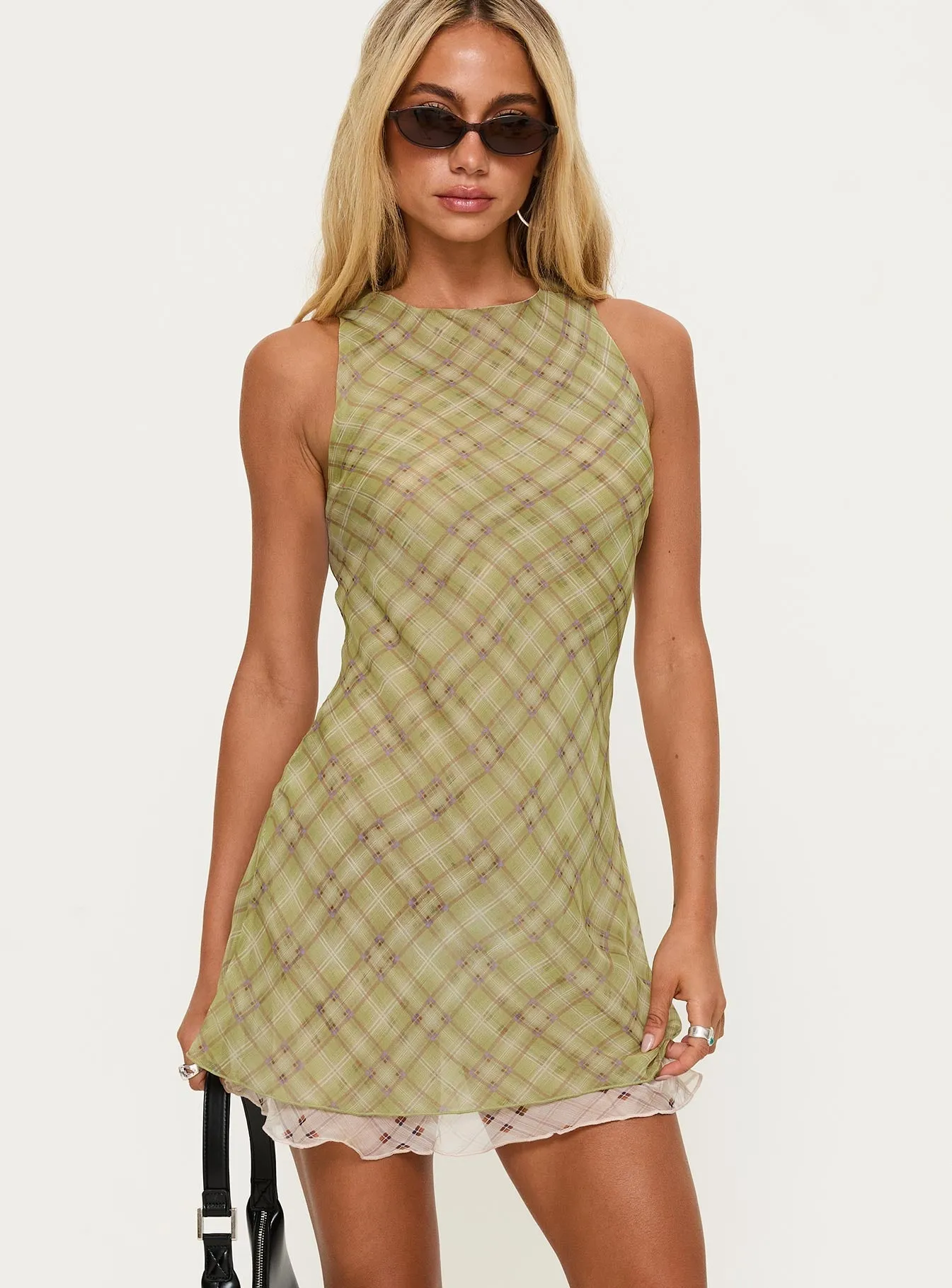 Bright-colored piece Buffie Shoulder Mini Dress Green Check