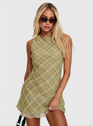 Buffie Shoulder Mini Dress Green Check Fluid Cut Tailored Wear