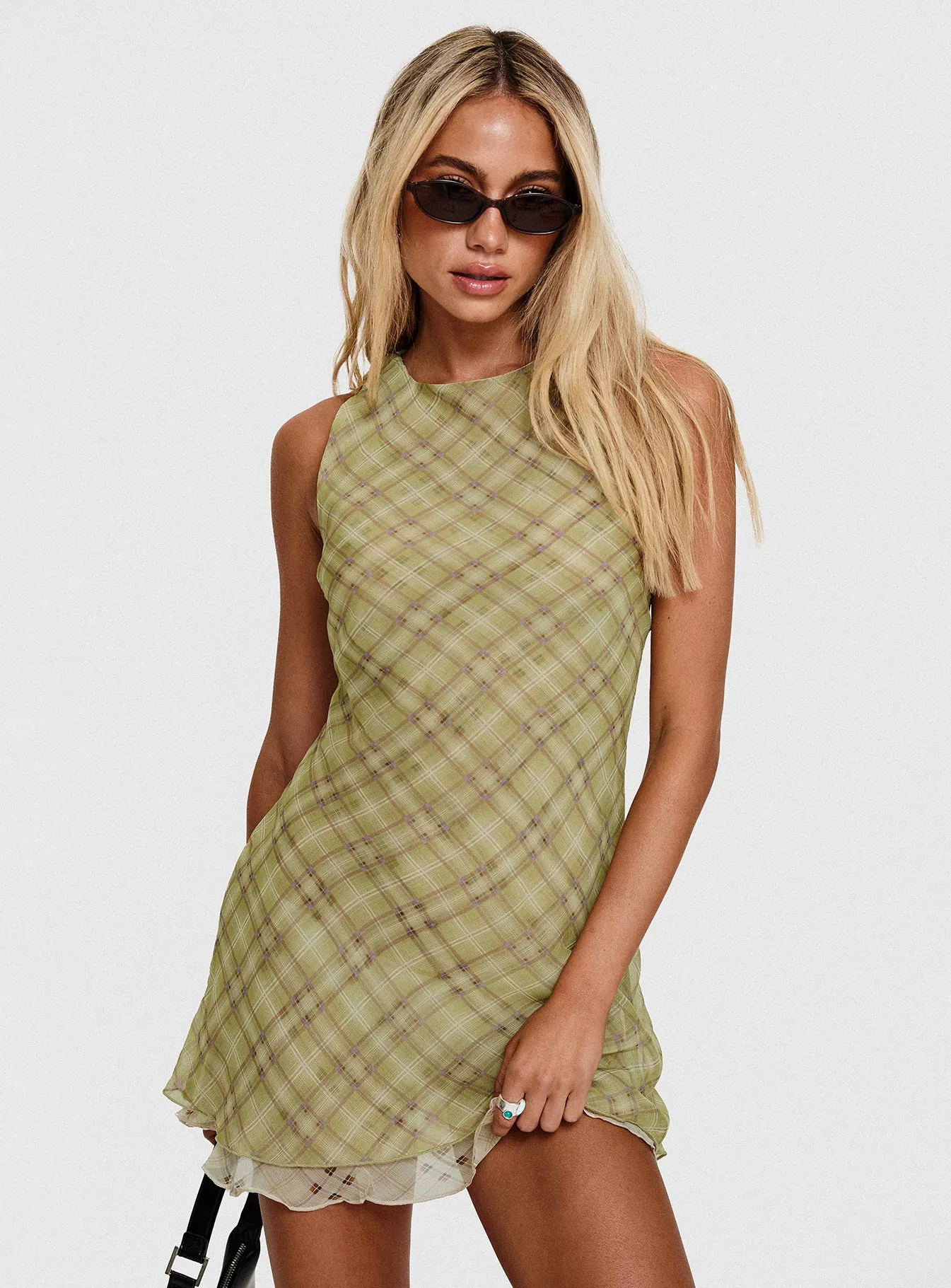 Buffie Shoulder Mini Dress Green Check Fluid Cut Tailored Wear