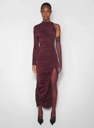 burgundy asymmetrical pierced ruched dress Luxe style