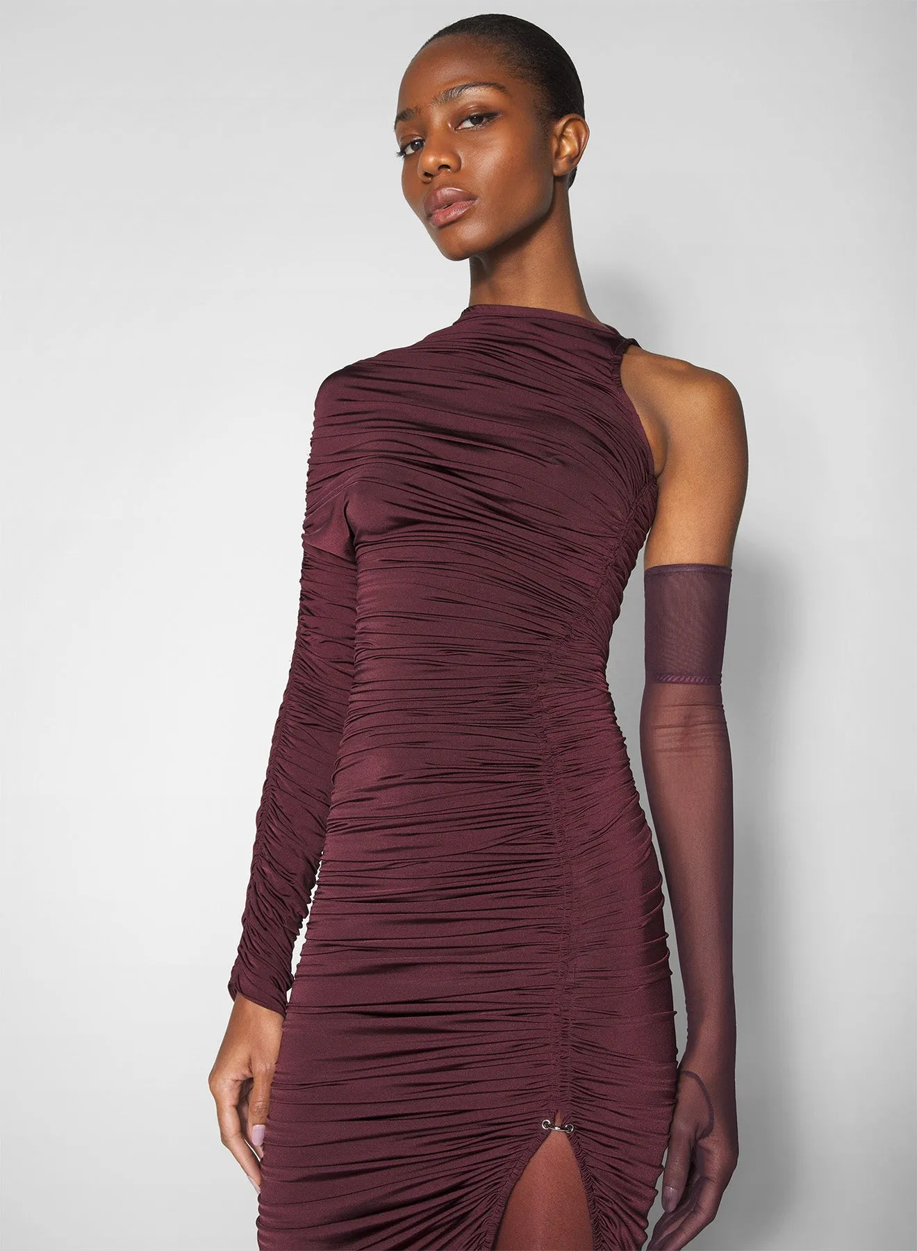 Relaxed Layers burgundy asymmetrical pierced ruched dress