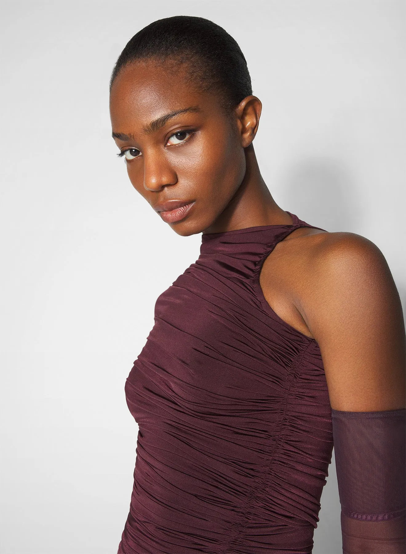 Soft Neutral Balanced Lines burgundy asymmetrical pierced ruched dress