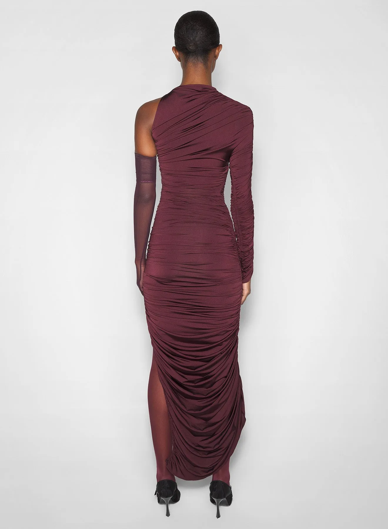 Trendy Fit burgundy asymmetrical pierced ruched dress