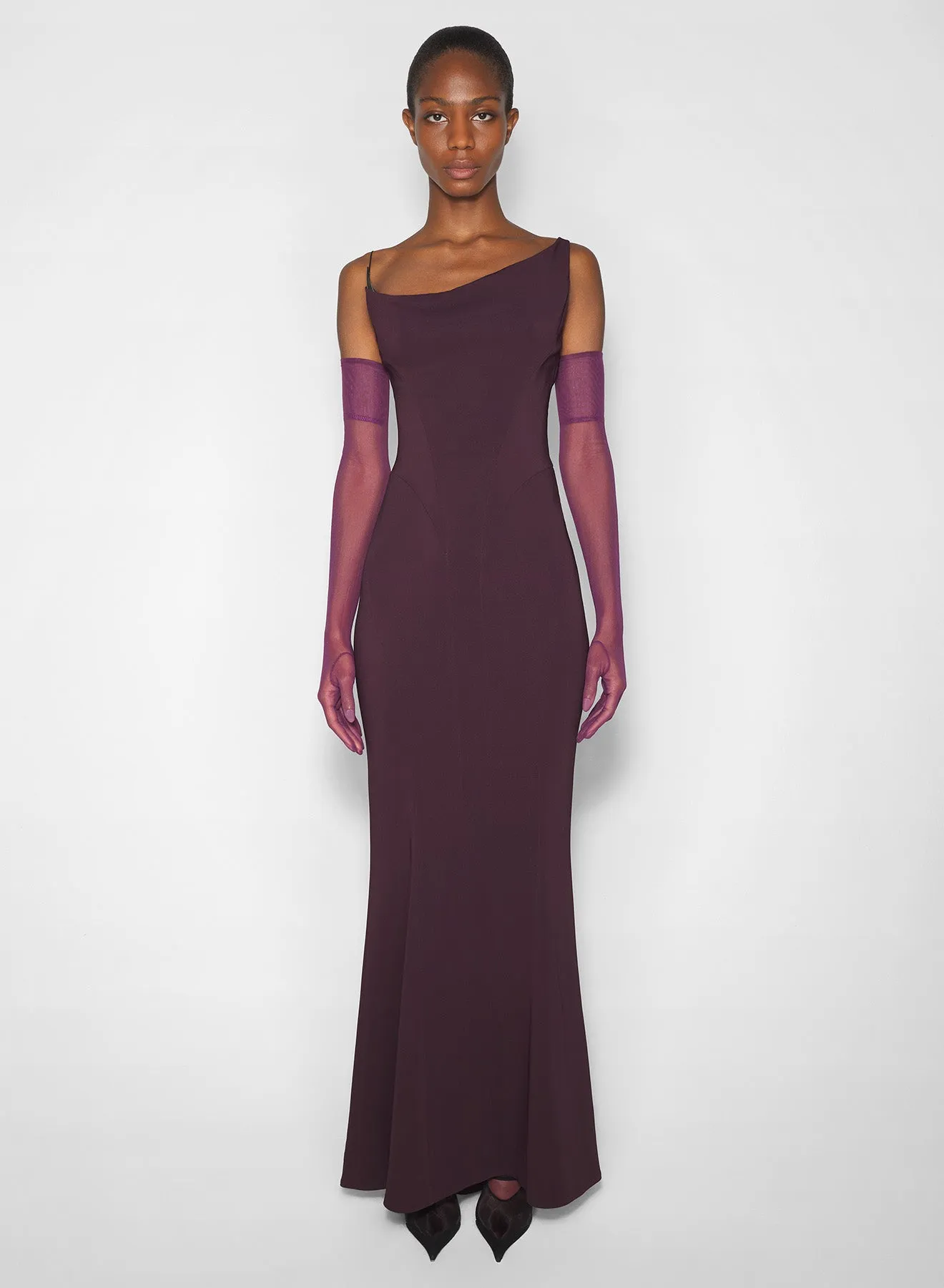 burgundy crepe gown with metallic detail Flattering Layers