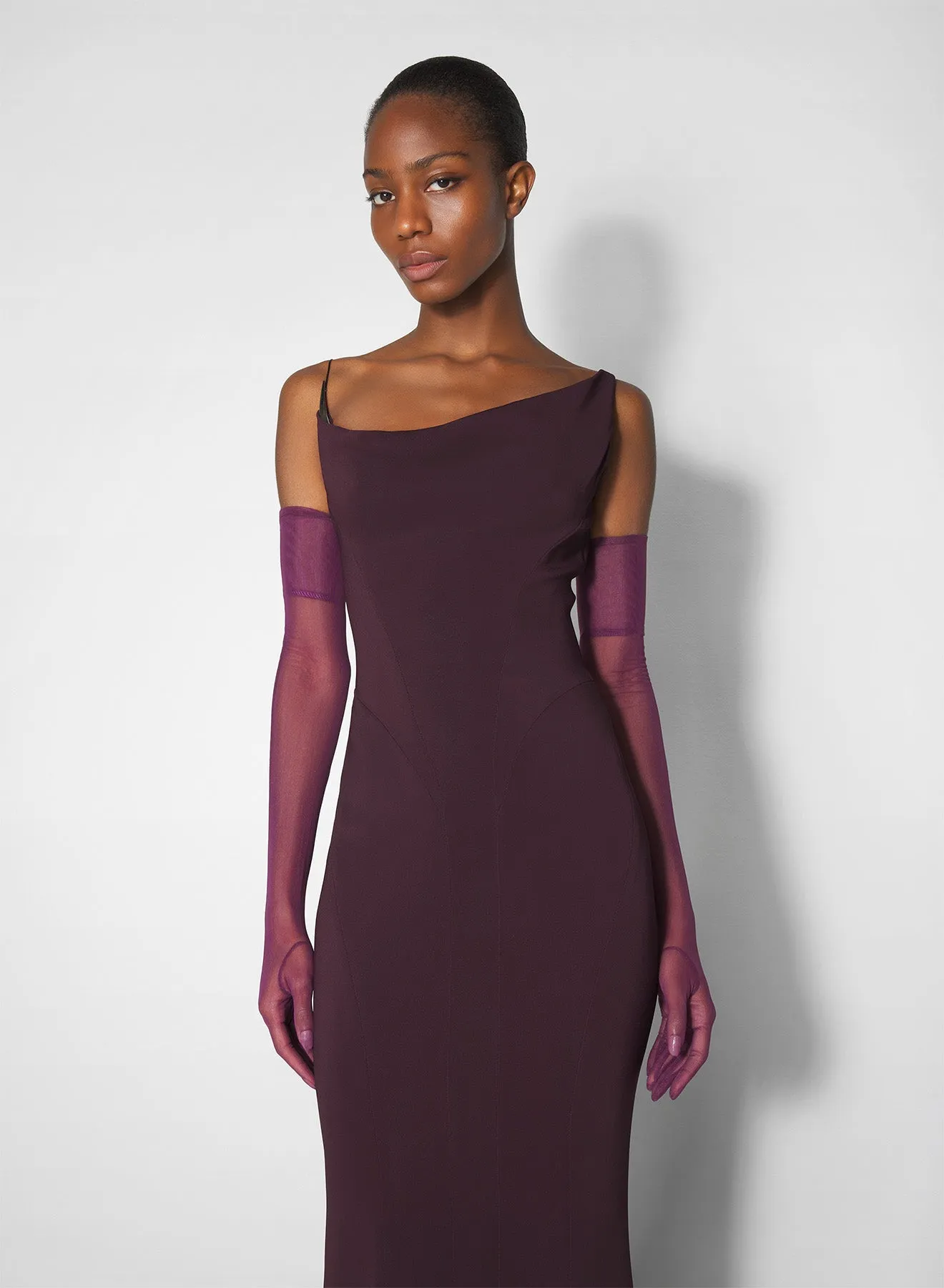 Neutral Aesthetic Timeless Fashion burgundy crepe gown with metallic detail