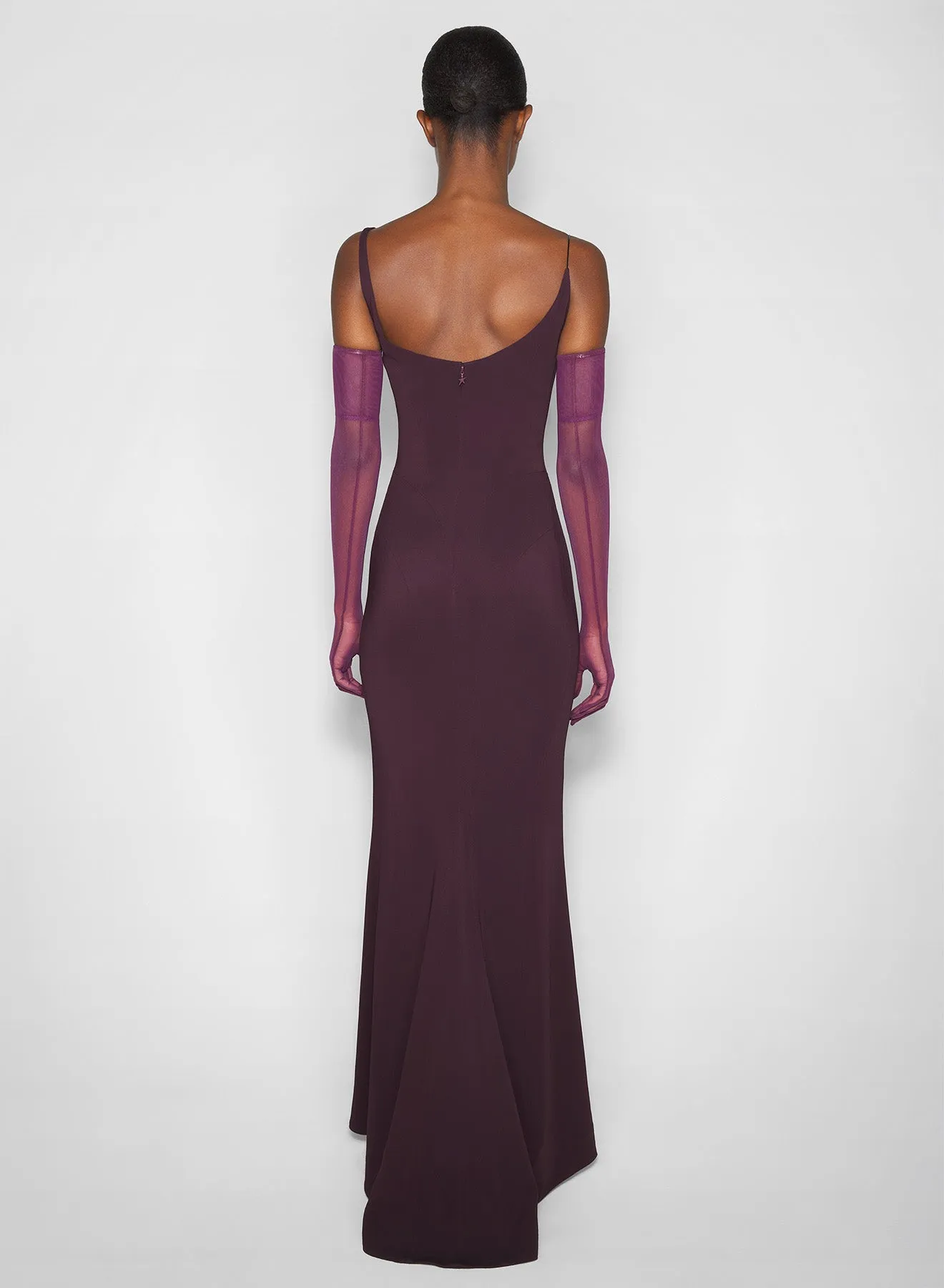 burgundy crepe gown with metallic detail Flow Friendly