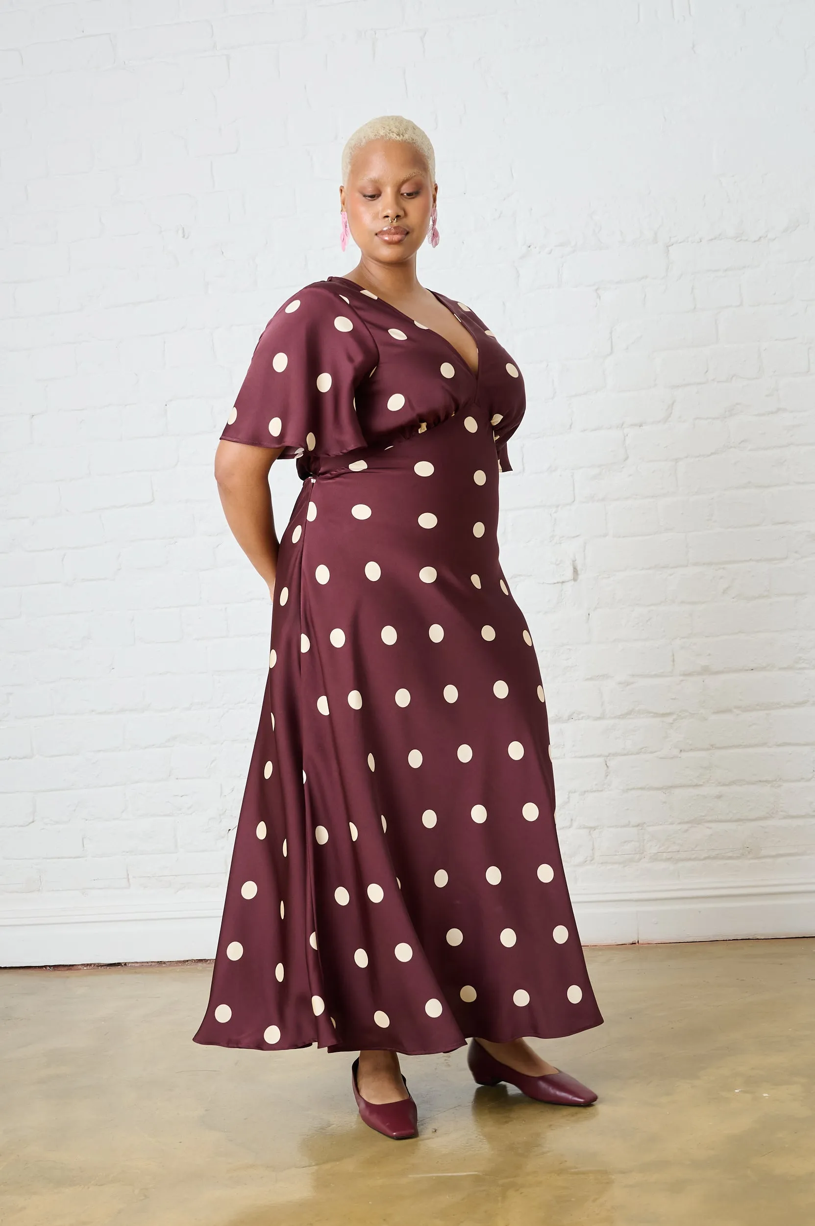 Burgundy Spot Satin Maxi Dress with Sleeve Emerging-Brand