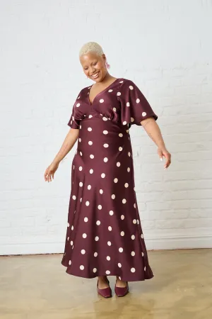 Burgundy Spot Satin Maxi Dress with Sleeve Texture Edge Trend Smart