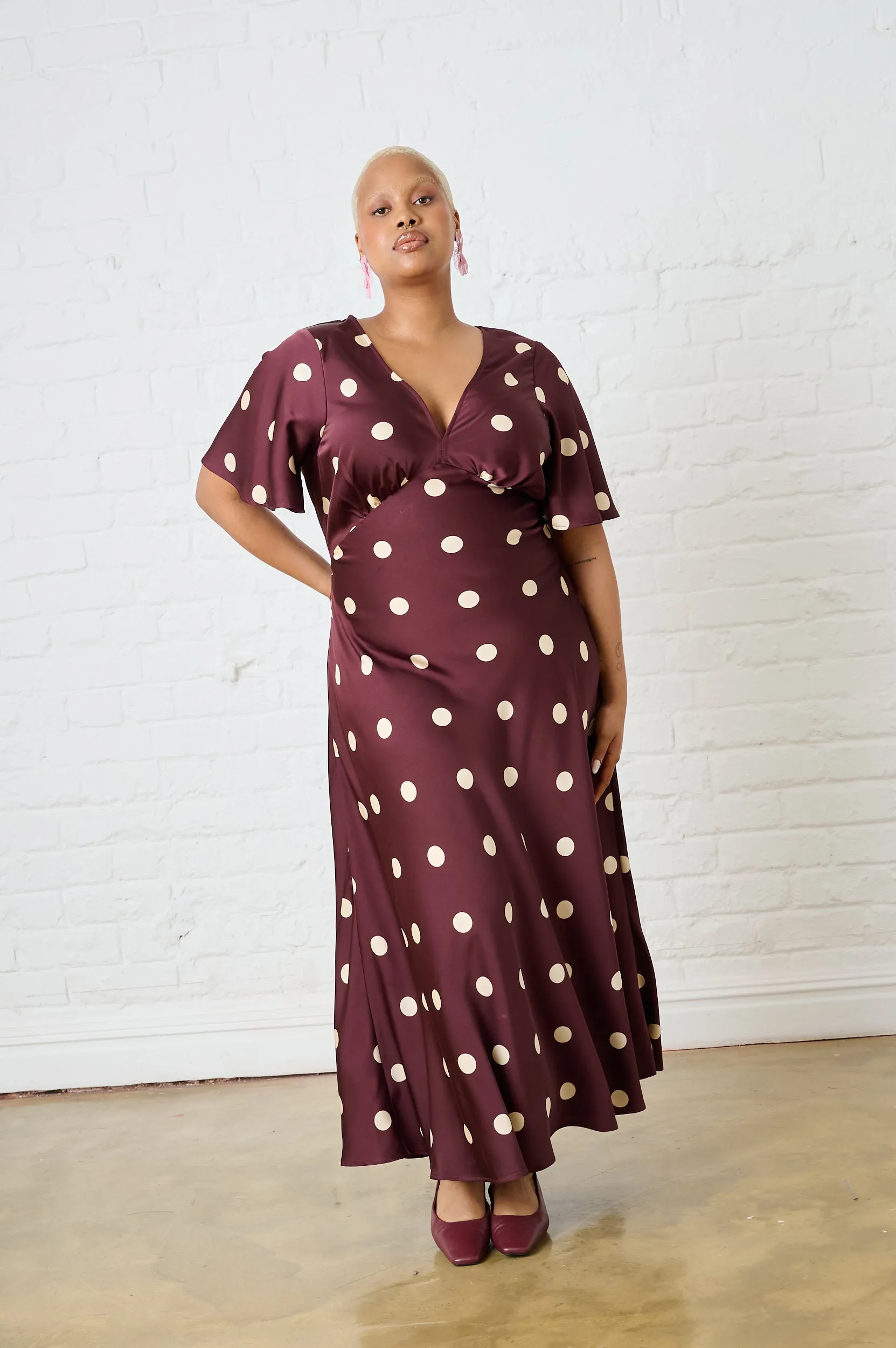 Burgundy Spot Satin Maxi Dress with Sleeve Sleek Flex Bell-Sleeve