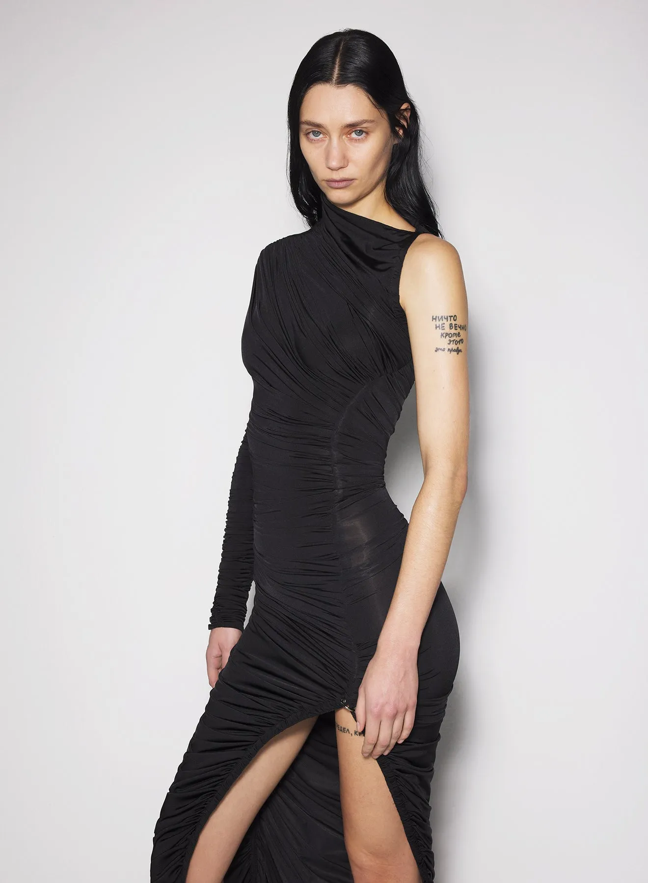 black asymmetrical pierced ruched dress Zip Ease Sleek Look