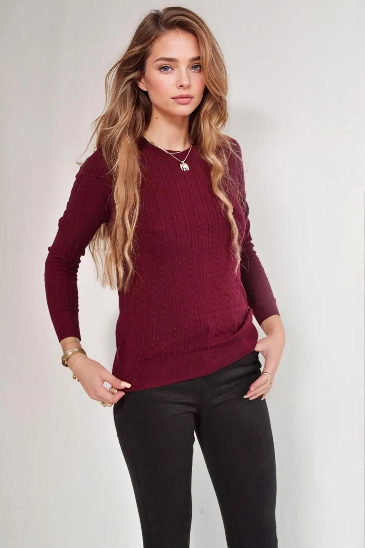 Cable Knit Round Neck Jumper Warm Classic Lightweight Knit
