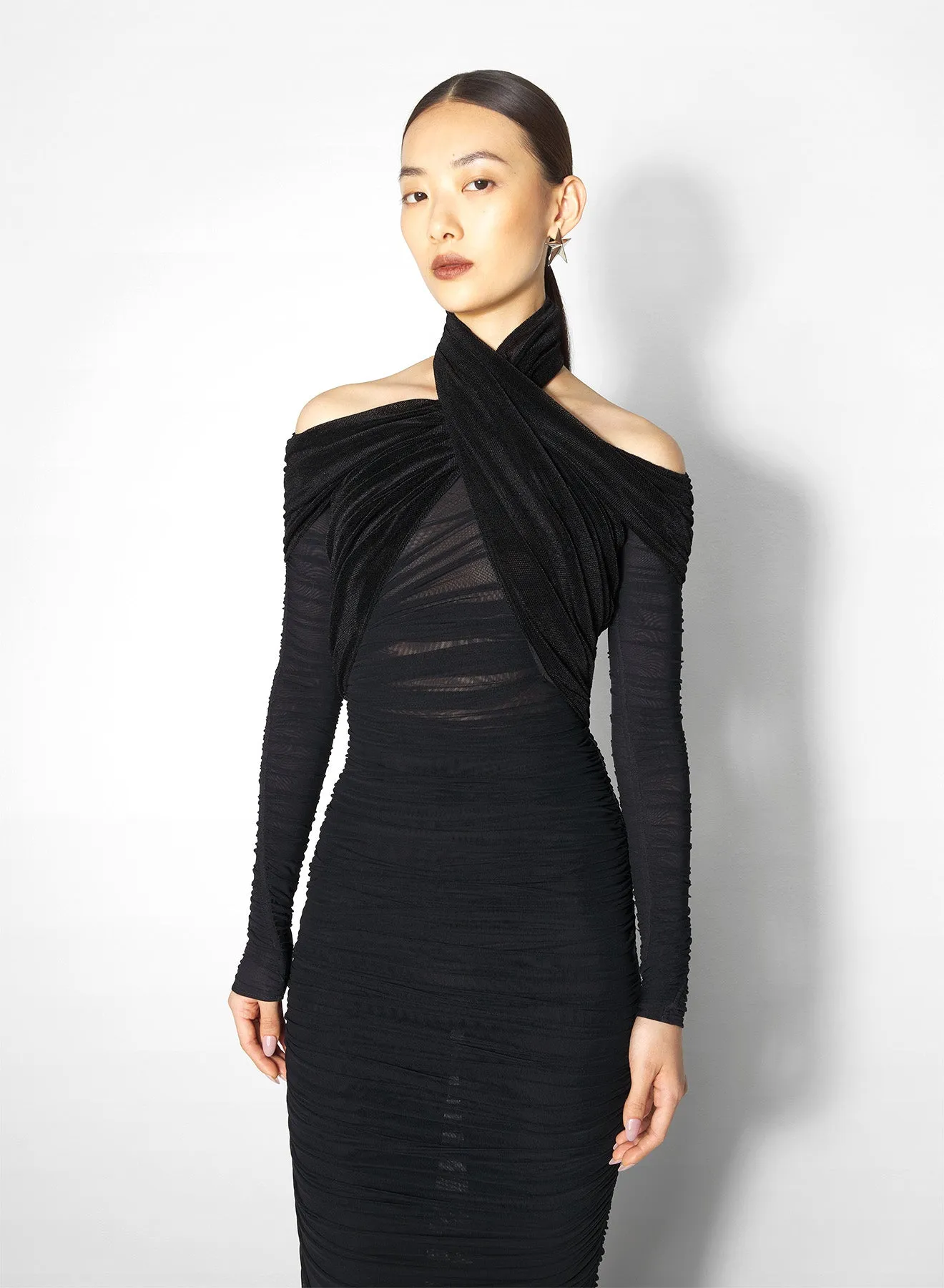 Cozy Cut black draped halter dress