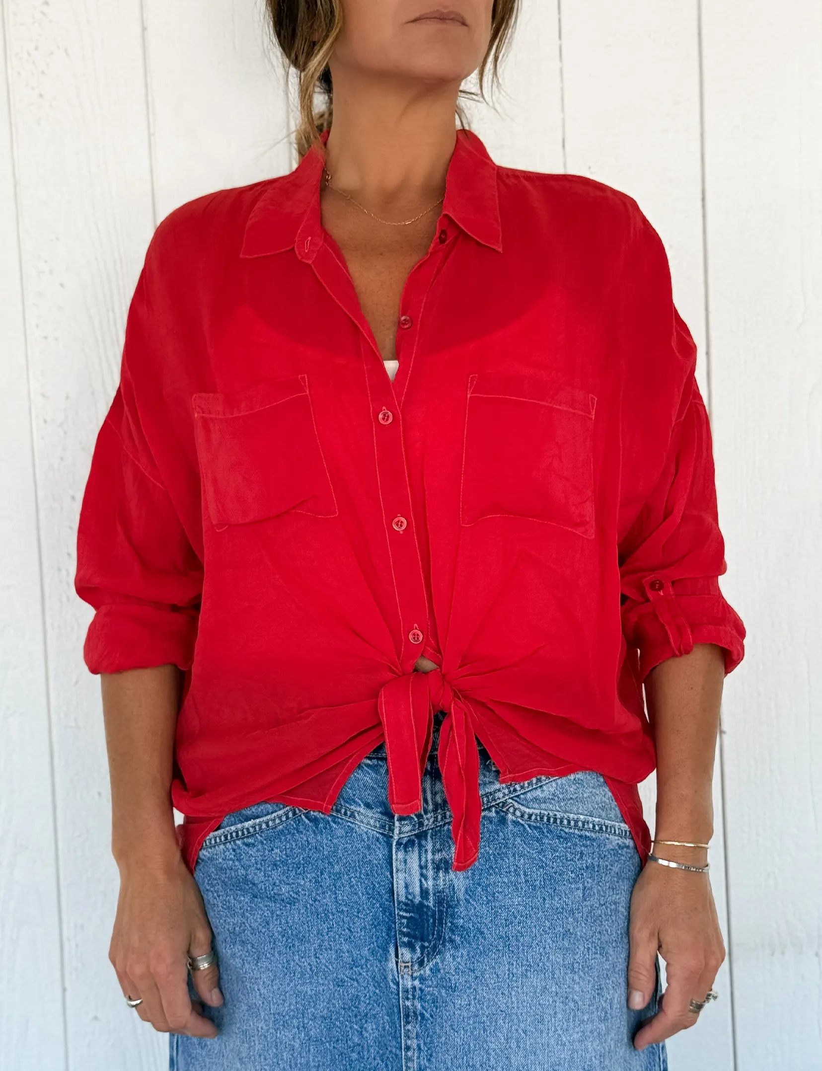 Cargo Button Down Tie Top, Red Effortless Fashion Day-to-Day Comfort