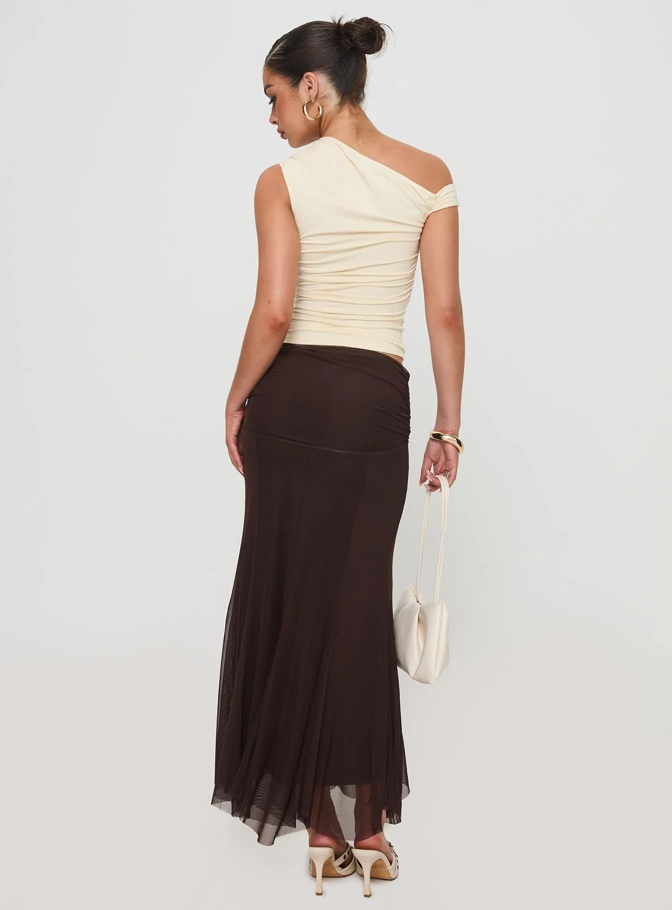 Fresh Texture Laidback Feel Cavatelli Ruched Maxi Skirt Chocolate