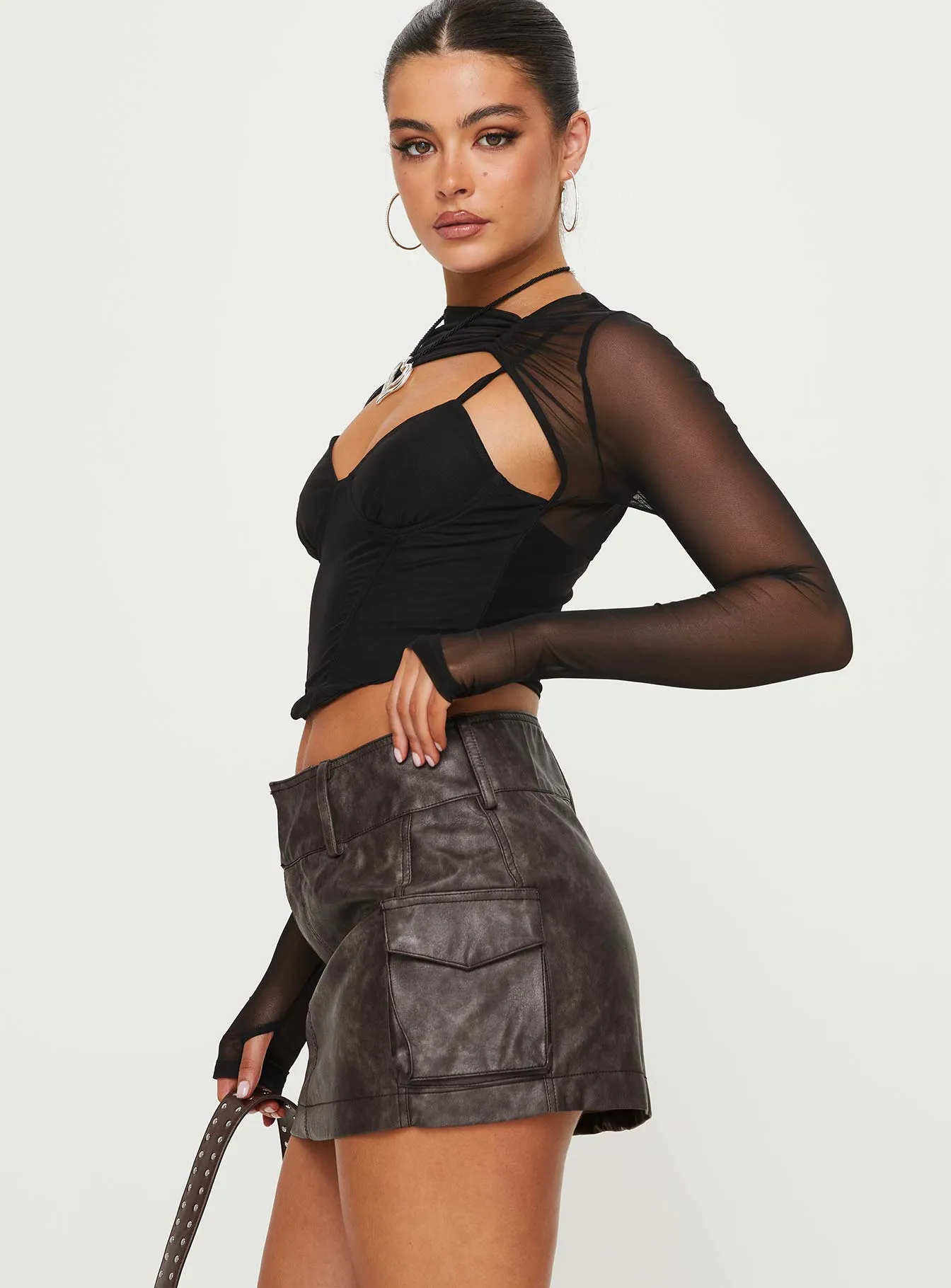 music concert Domenic Faux Leather Mini Skirt Washed Black