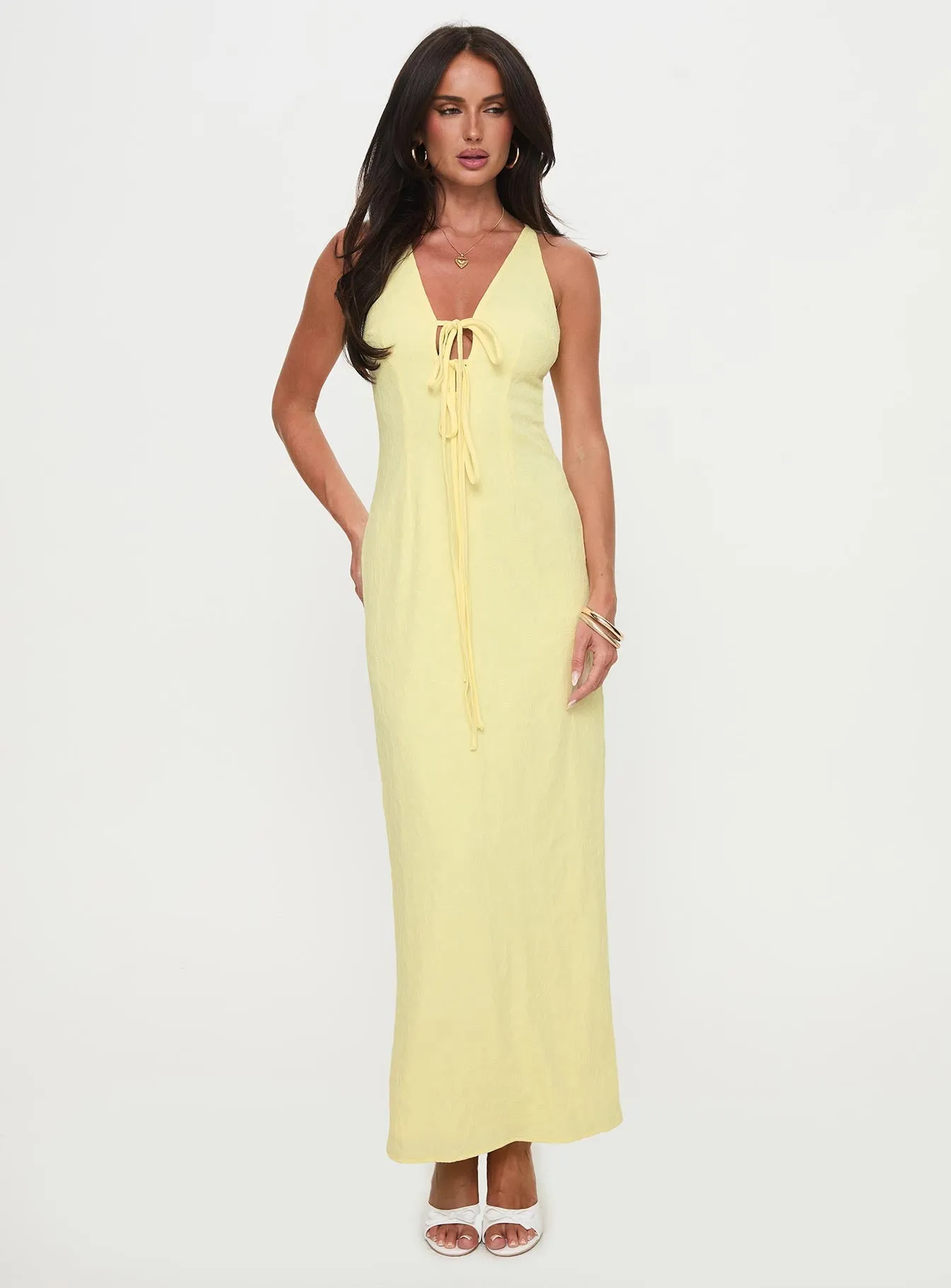 Mesh-Detail Work Fit Chantilly Maxi Dress Lemon