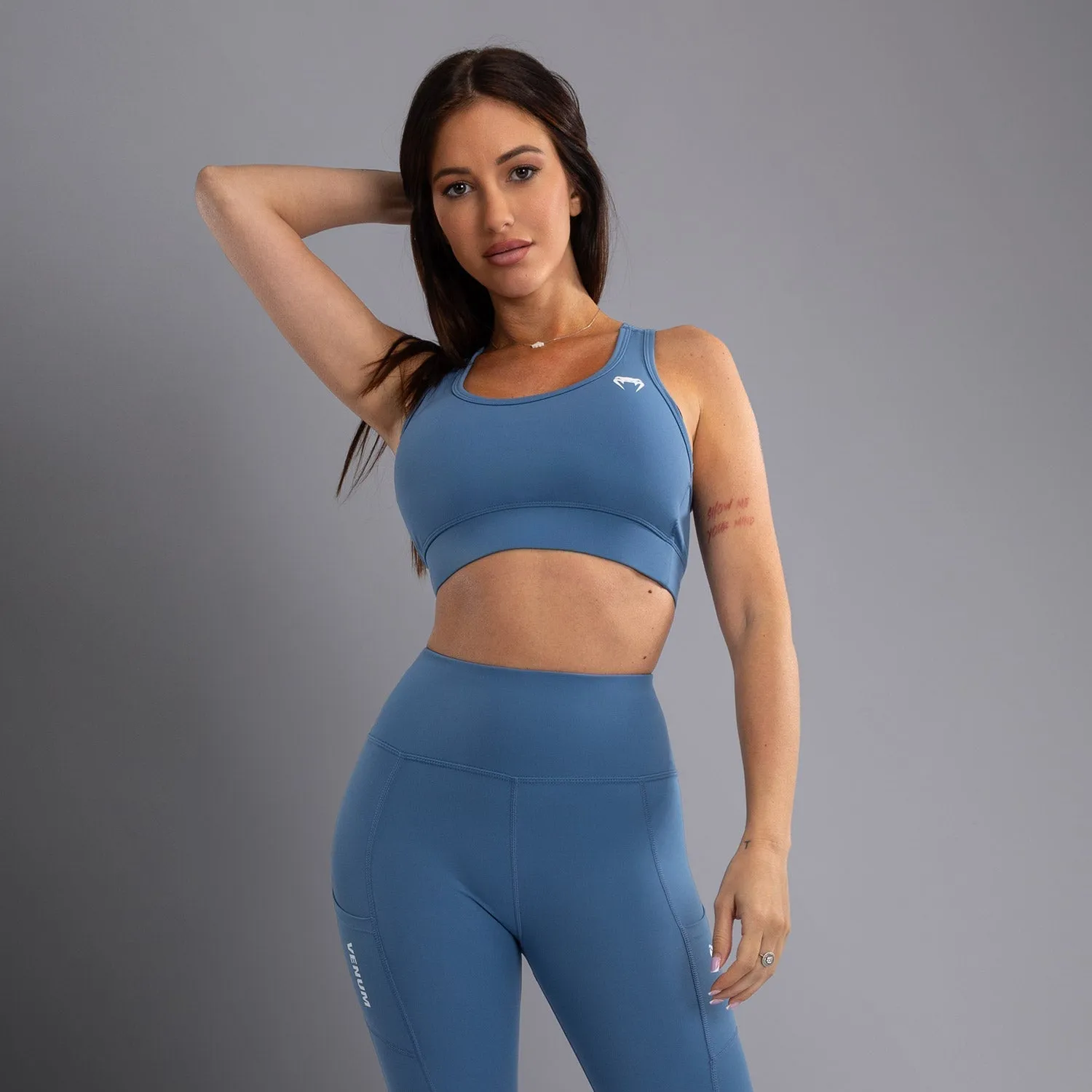 Venum Essential Women's Medium Impact Sports Bra - Storm Blue Body-Shaping Fit