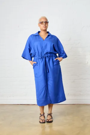 Linen Dolman Sleeve Dress in Cobalt Fitted Look