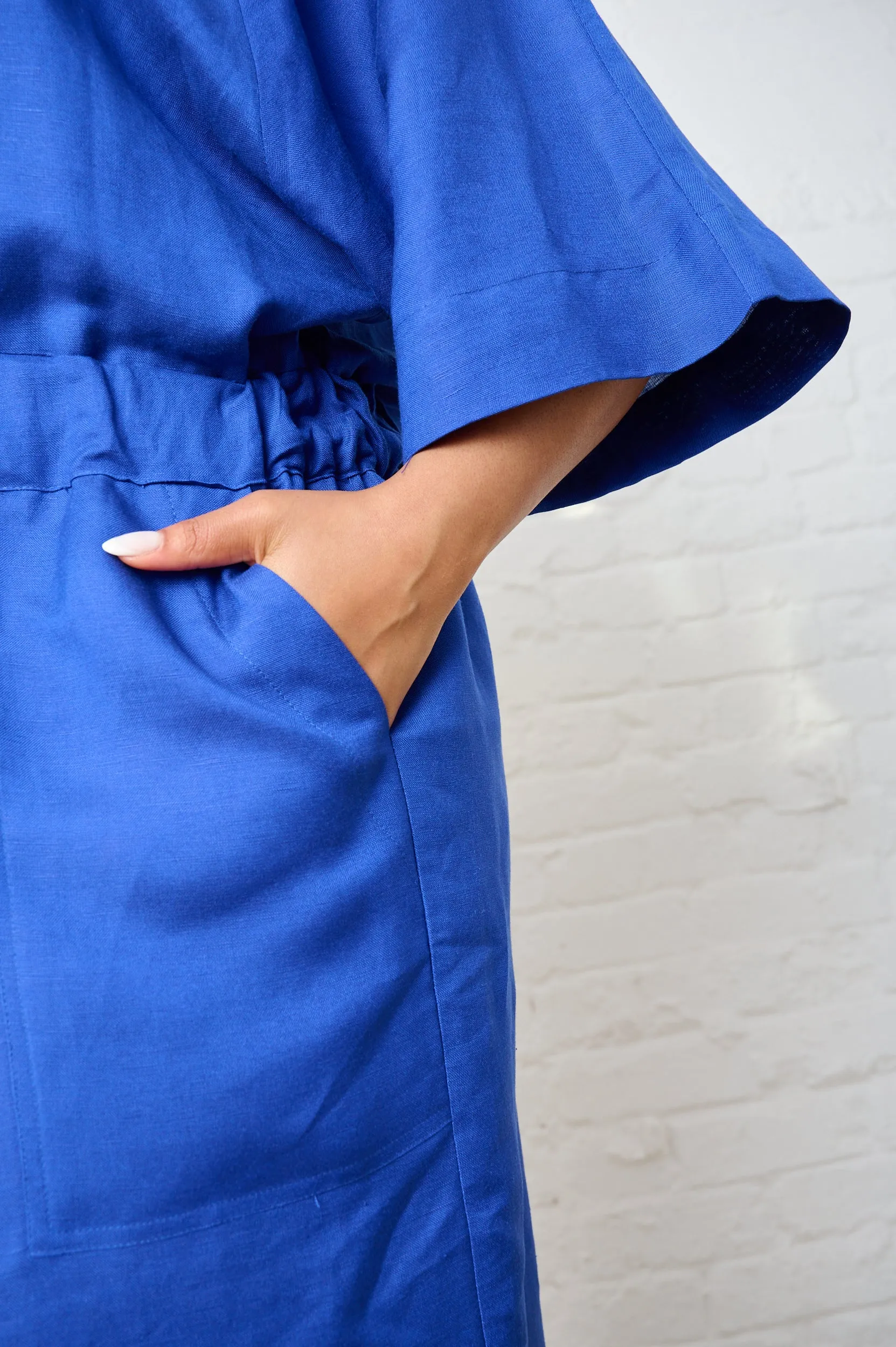 Linen Dolman Sleeve Dress in Cobalt Sophisticated Waistband Fit Smooth Look