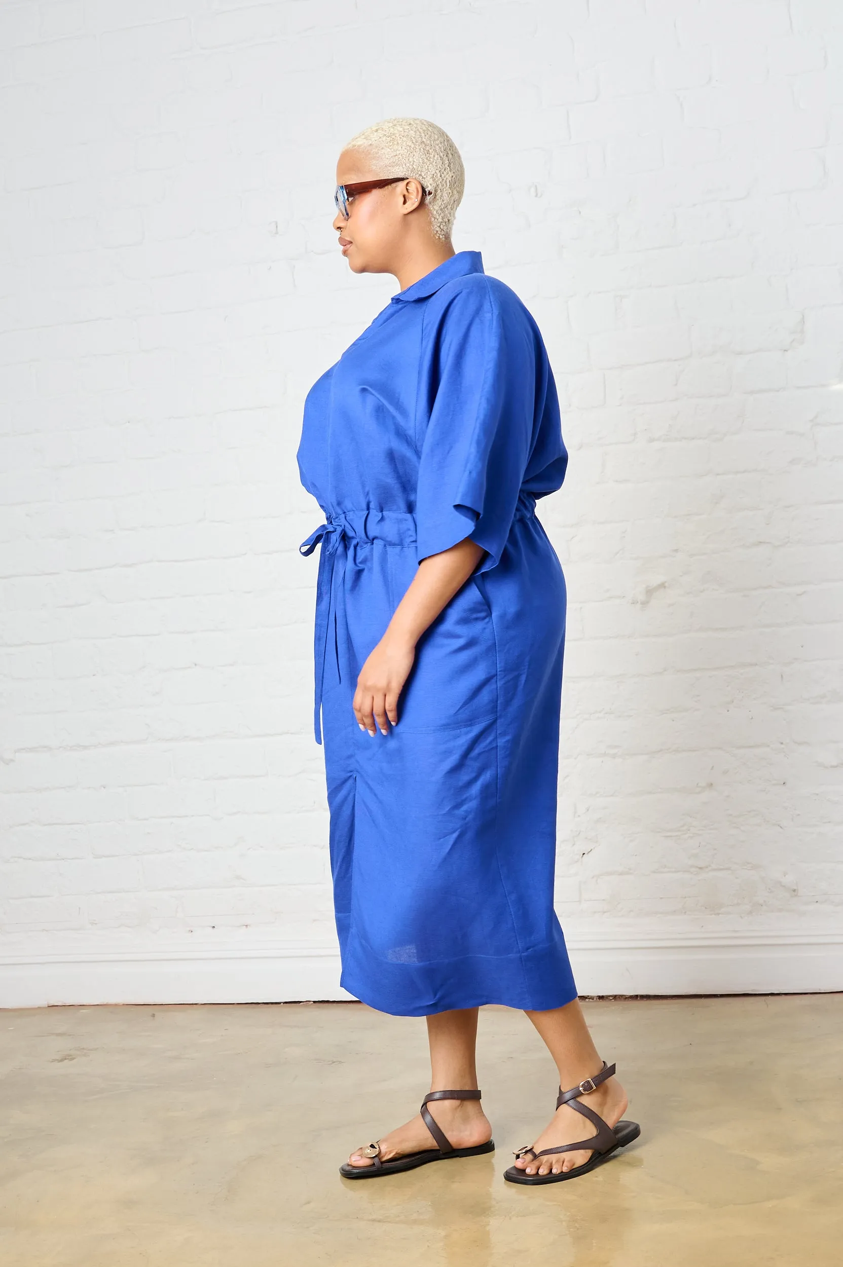 Linen Dolman Sleeve Dress in Cobalt Perfect Length