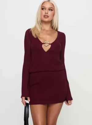 Charming Long Sleeve Mini Dress Maroon Stylish Cut