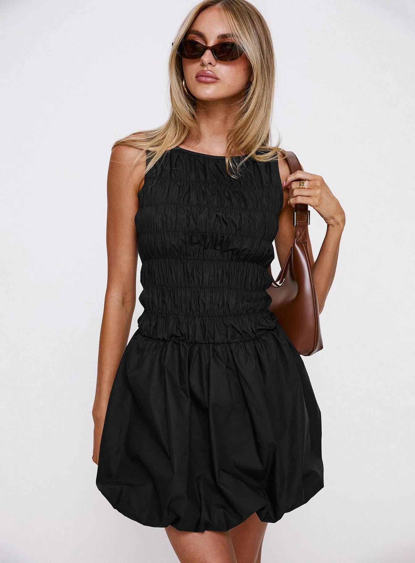 Demure Shirred Bubble Hem Mini Dress Black Contrasting Detail