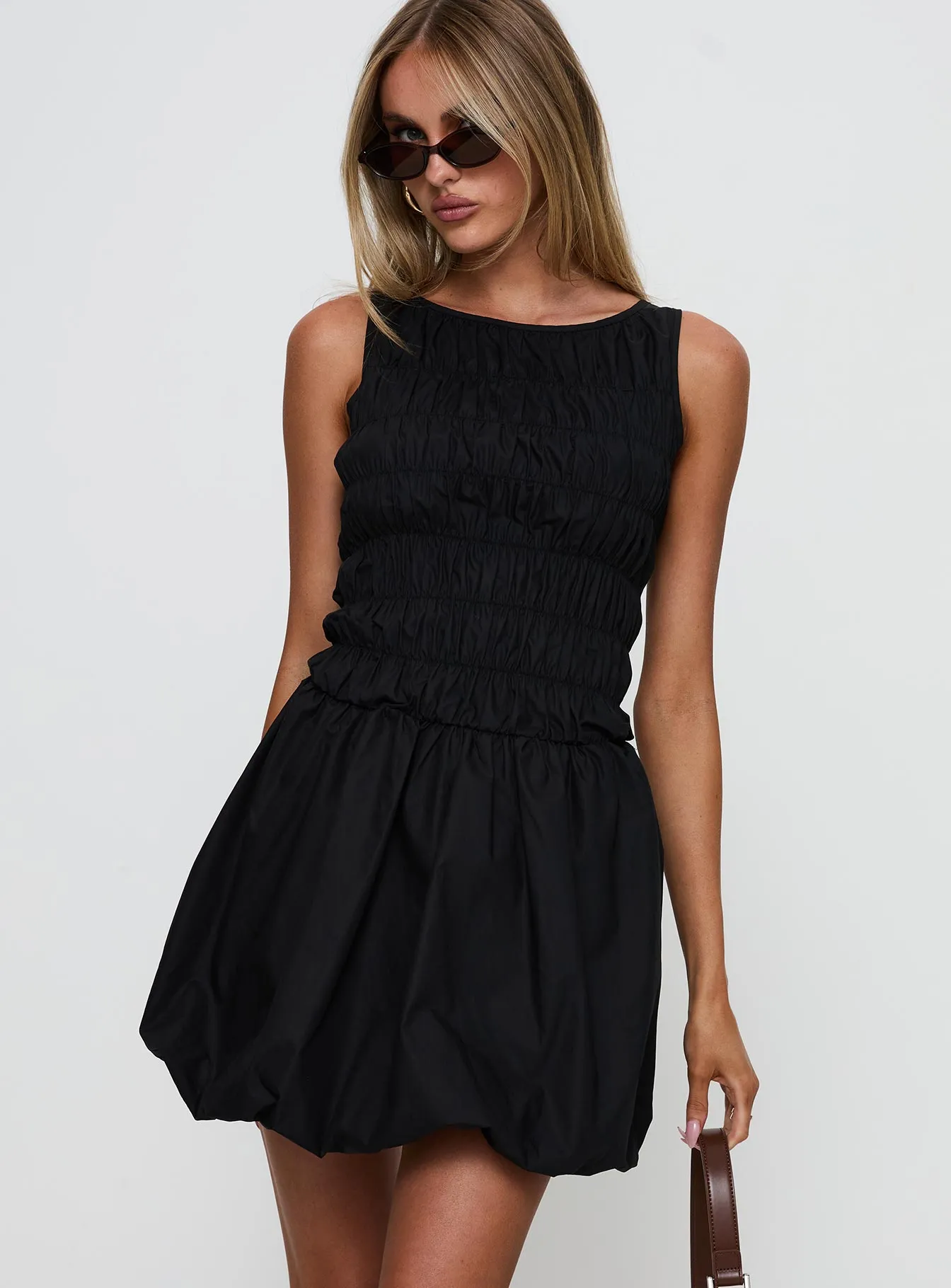 Demure Shirred Bubble Hem Mini Dress Black Bright-Hue