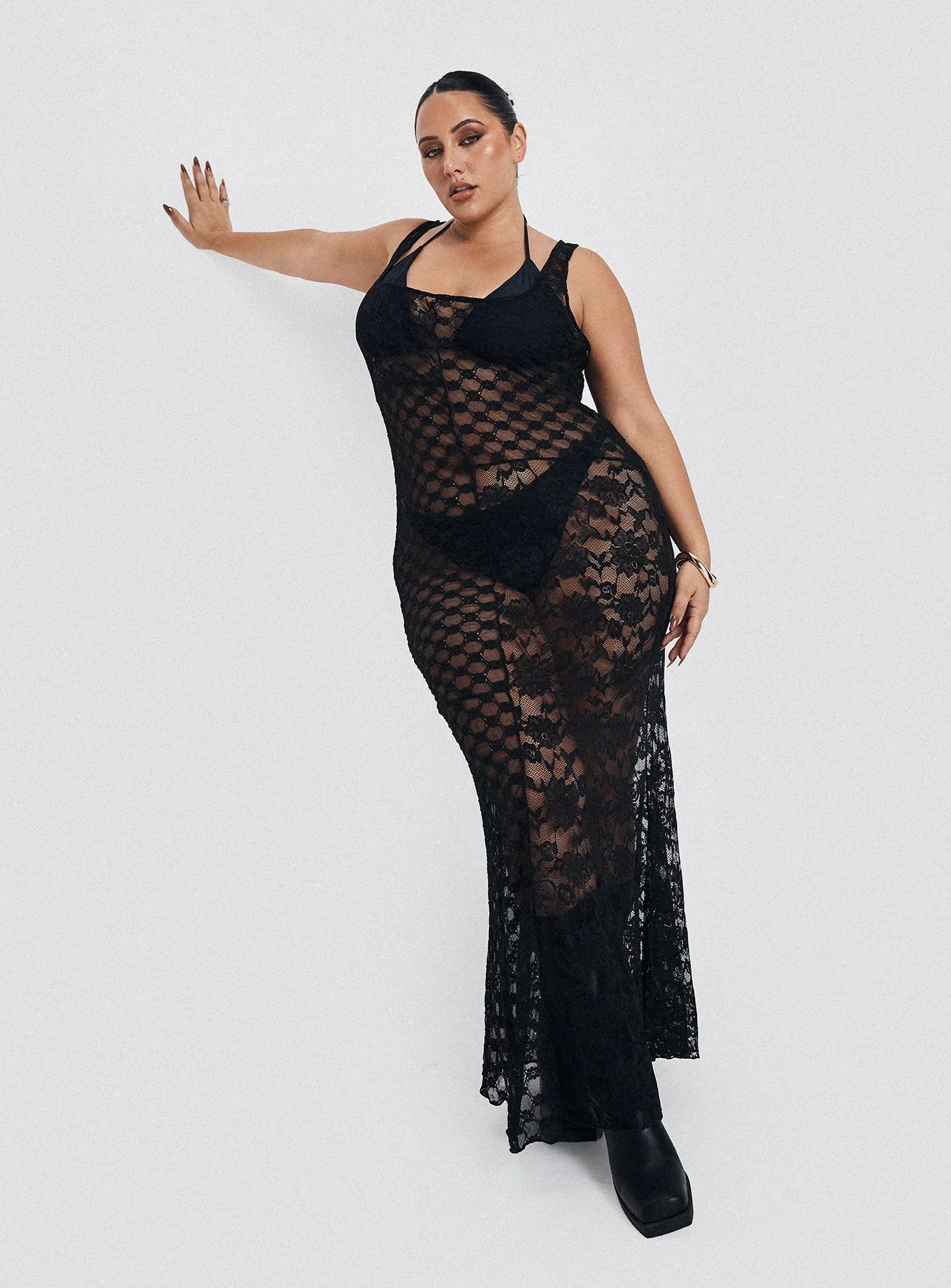 Tiered-Skirt Business casual Zhara Lace Dress Black Curve