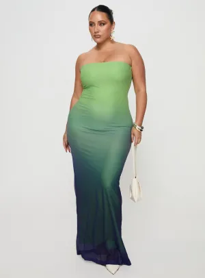 Button-front Coastal Chic Stolen Love Strapless Maxi Dress Blue / Green Ombre Curve