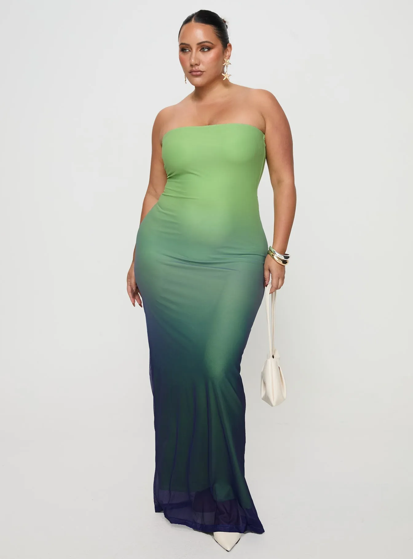 Button-front Coastal Chic Stolen Love Strapless Maxi Dress Blue / Green Ombre Curve