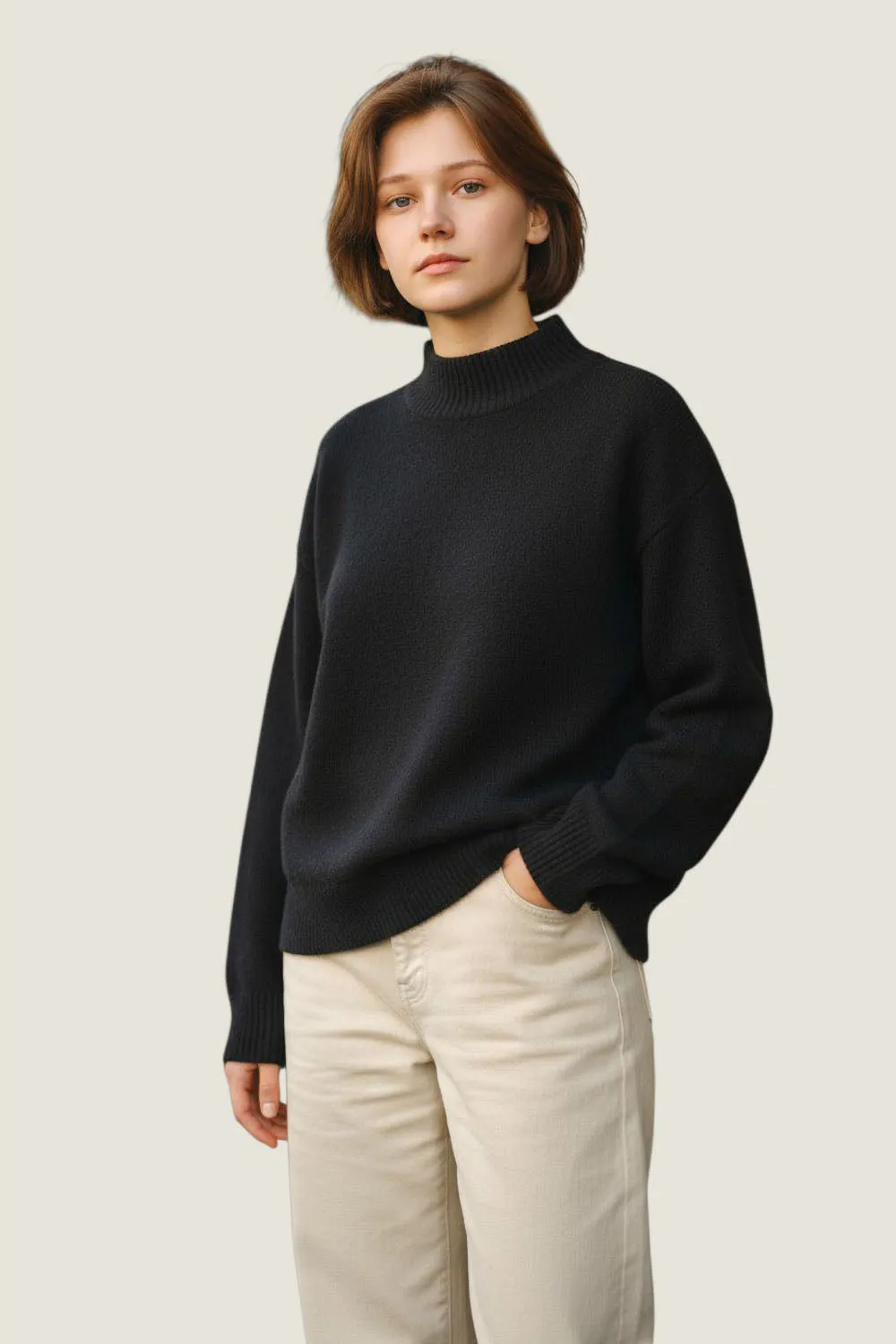 Reinforced Shoulder Seams Flexible Edging Funnel Neck Cuffed Jumper