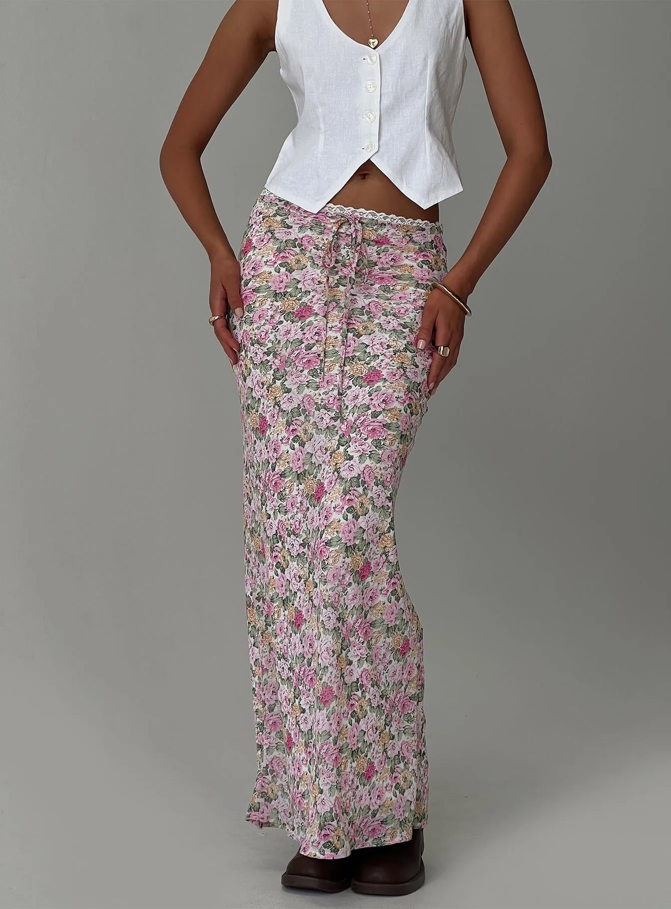 Day To Night Two Tone Trim Emily Maxi Skirt Pink Floral