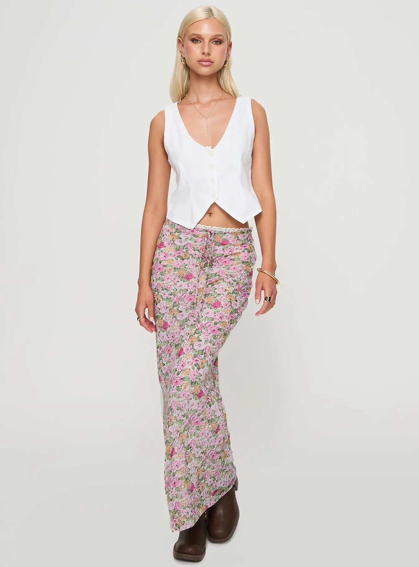 Emily Maxi Skirt Pink Floral High Rise