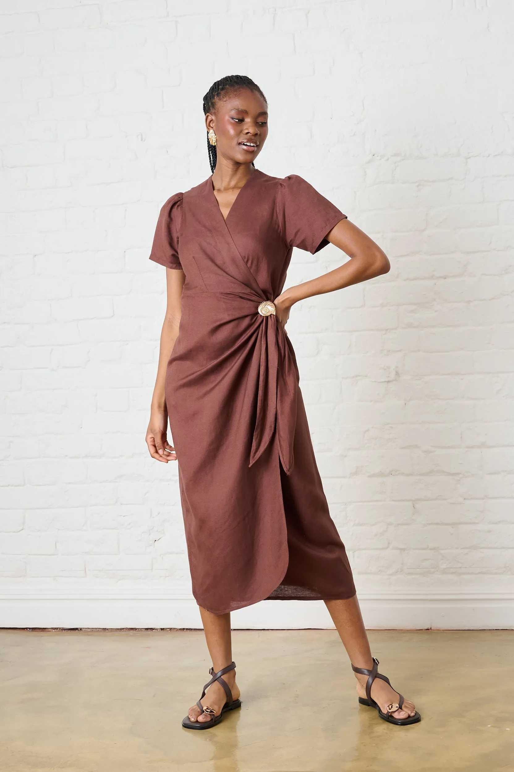 Cocoa Shell Linen Wrap Dress Tiered-Skirt Easy and Effortless