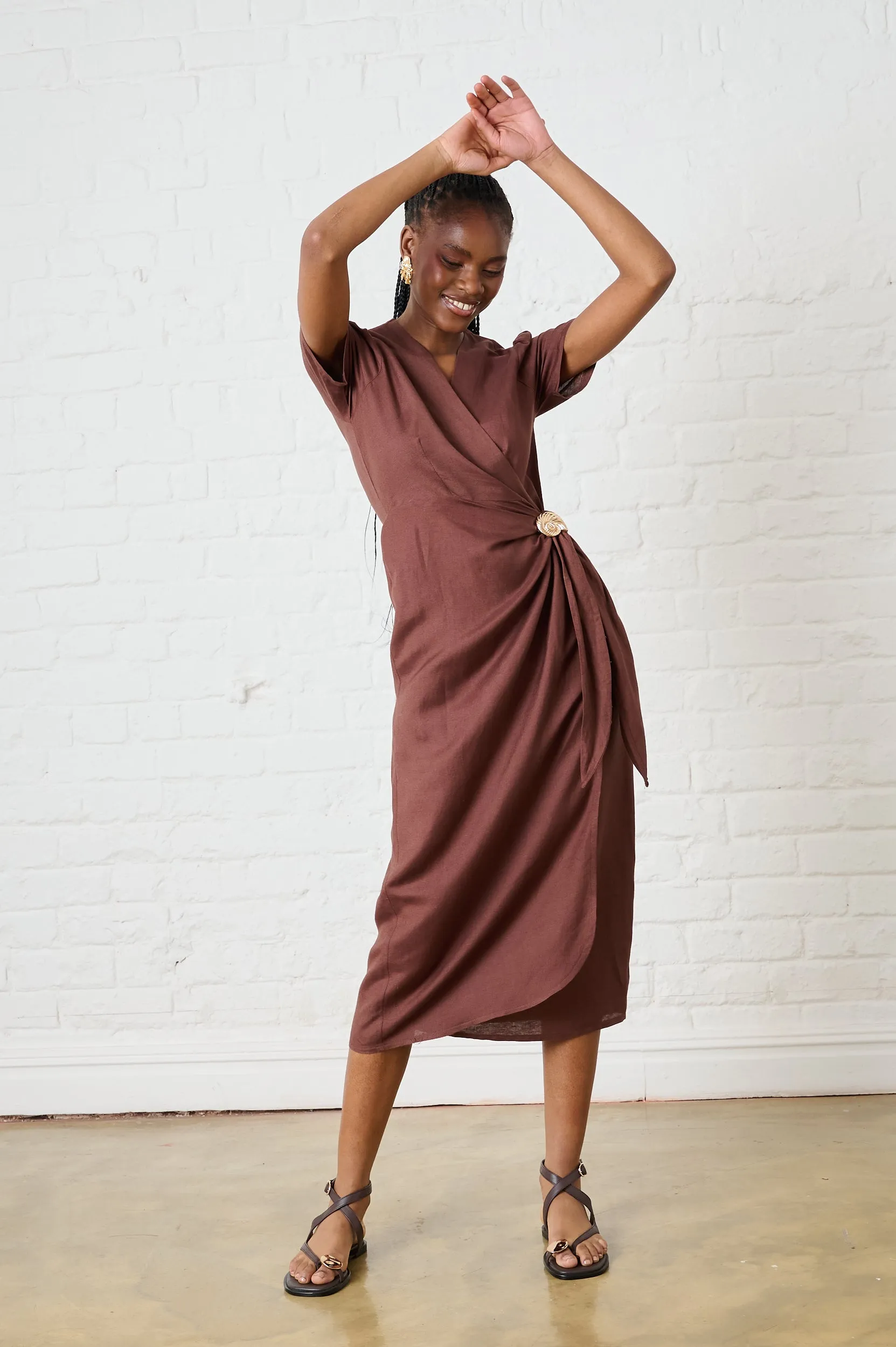 Cocoa Shell Linen Wrap Dress Polished Finish Elegant Waist Fit