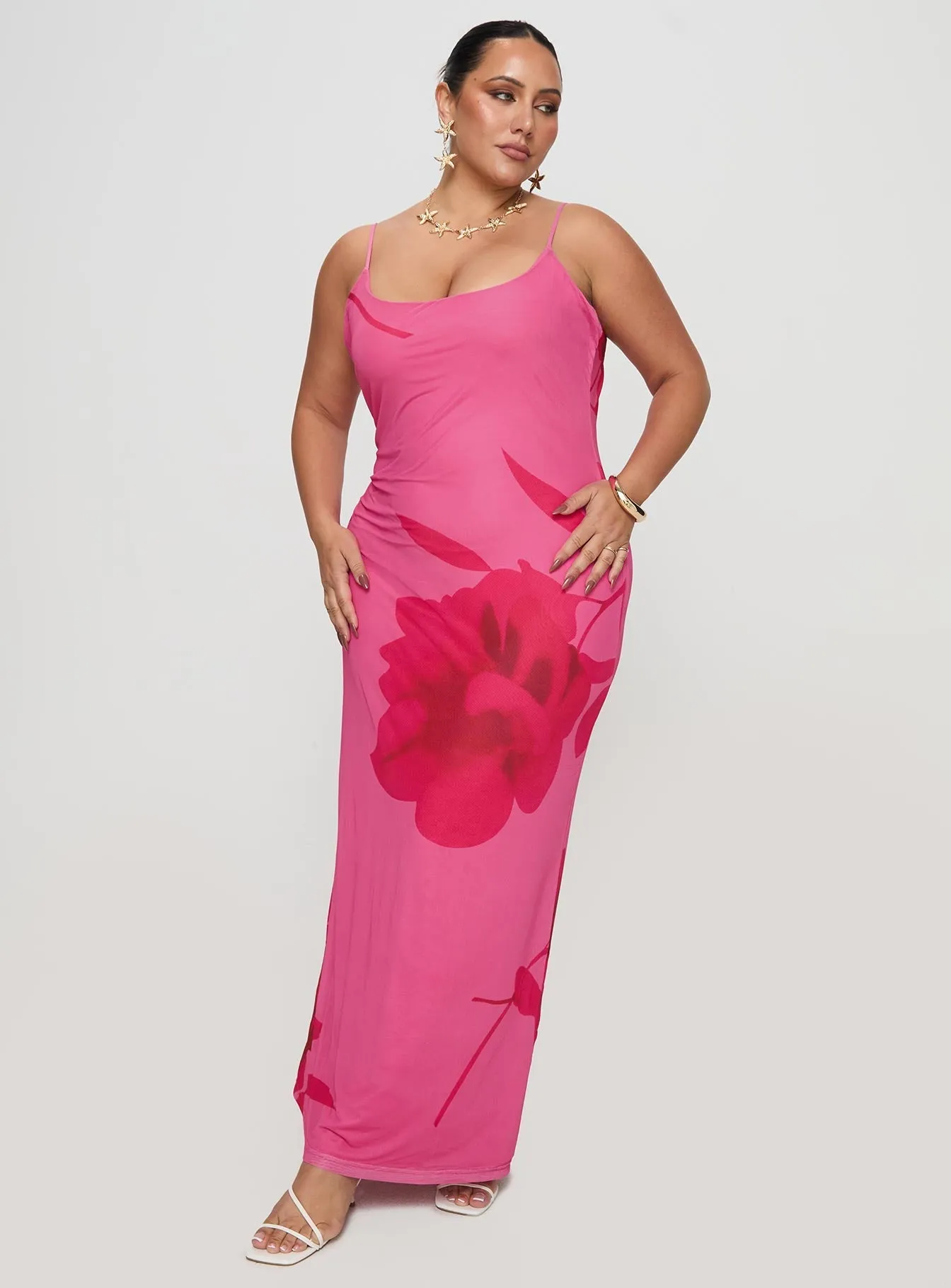 Ruffle Hem All Season Style Knox Maxi Dress Hot Pink Floral Curve