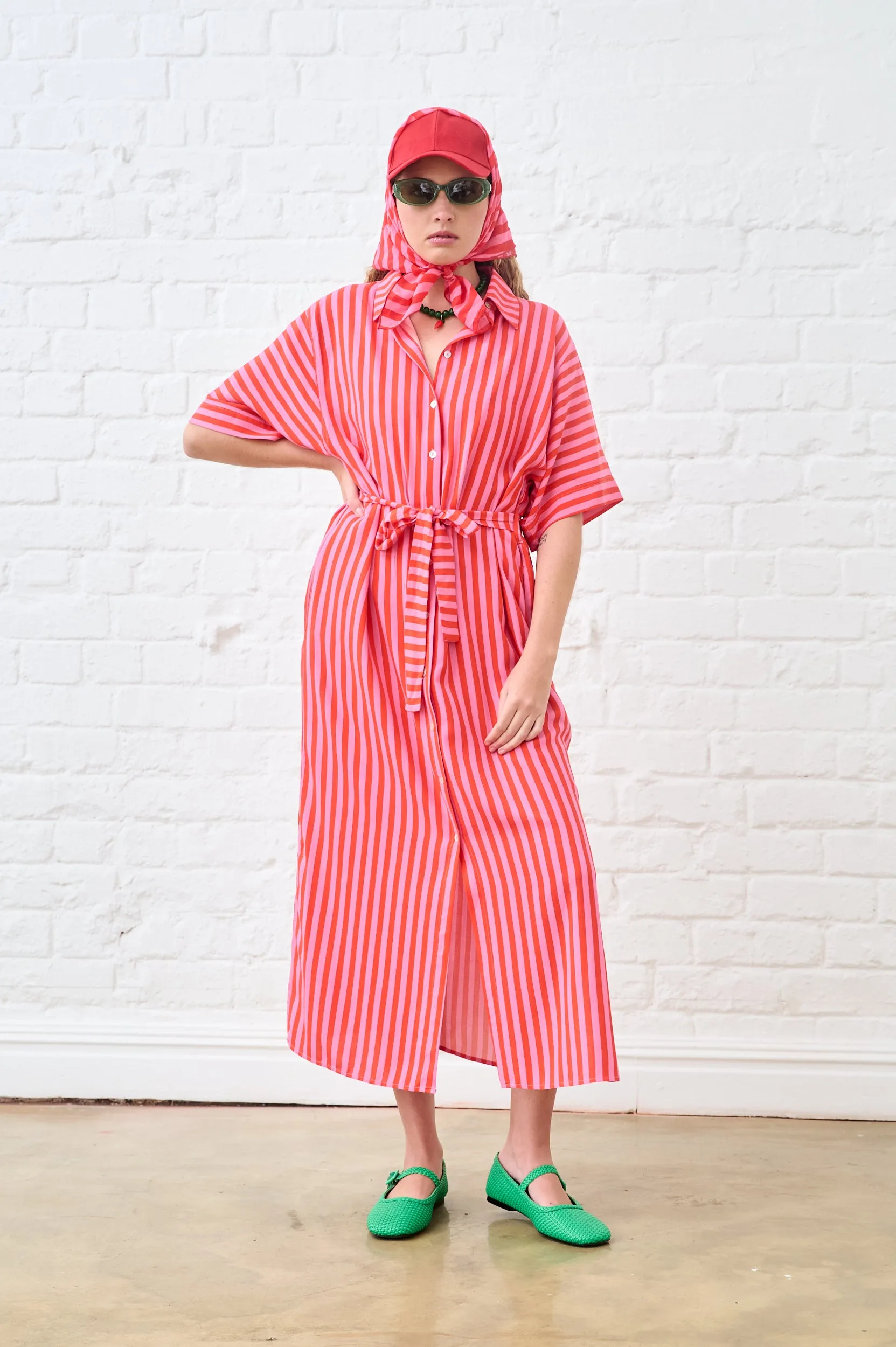 Satin Glow Maxi Shirtdress in Pink and Red Stripe