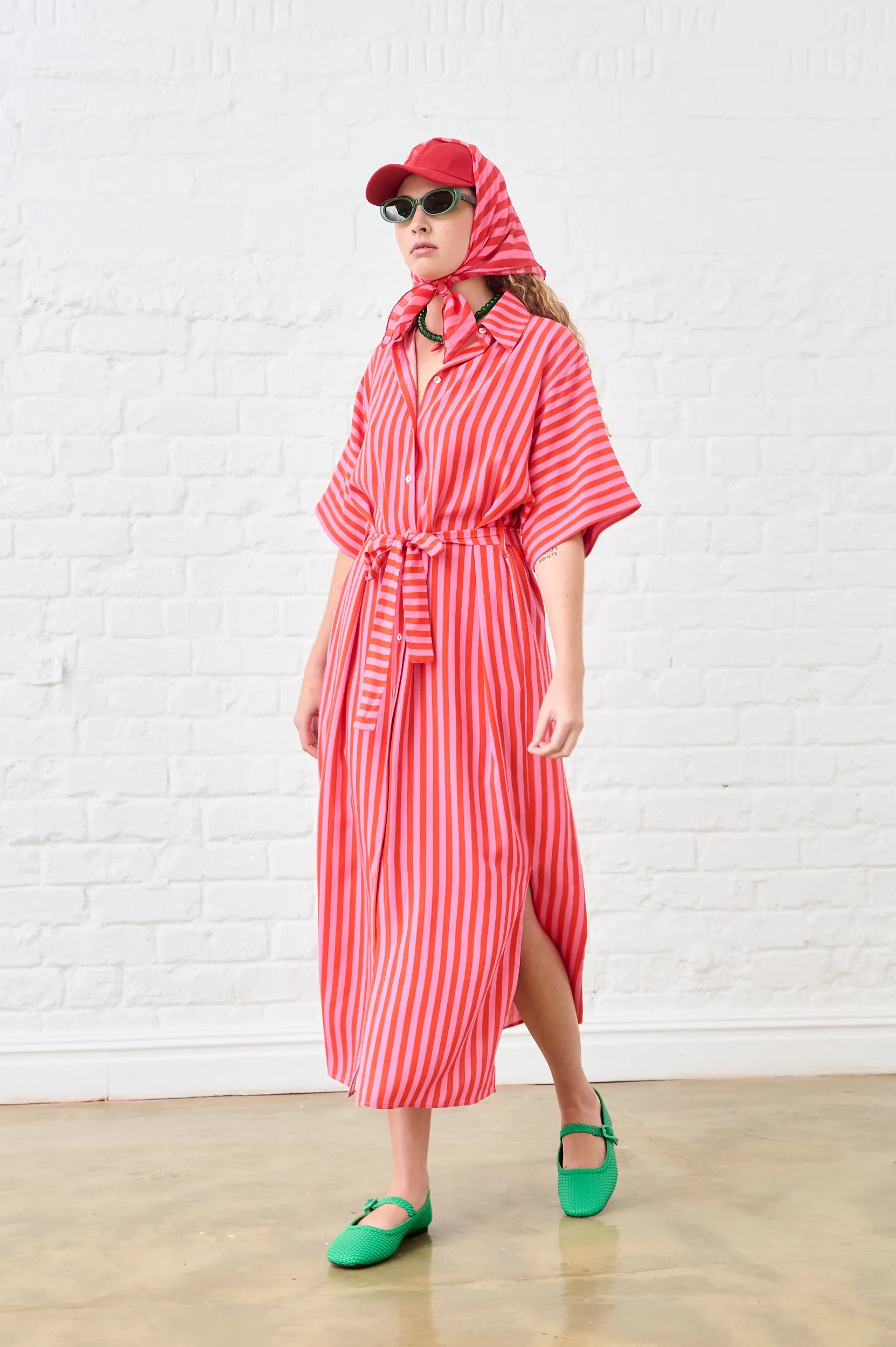 Maxi Shirtdress in Pink and Red Stripe Fresh Texture