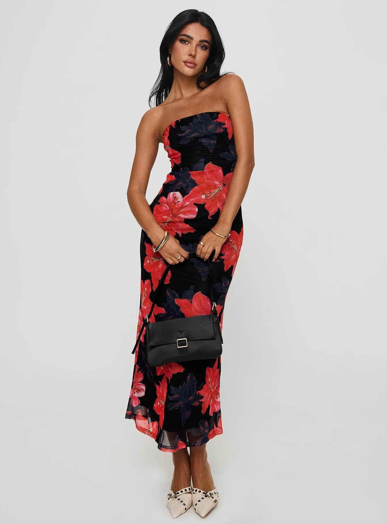 Celik Strapless Maxi Dress Black / Floral Visual Balance Light Layers
