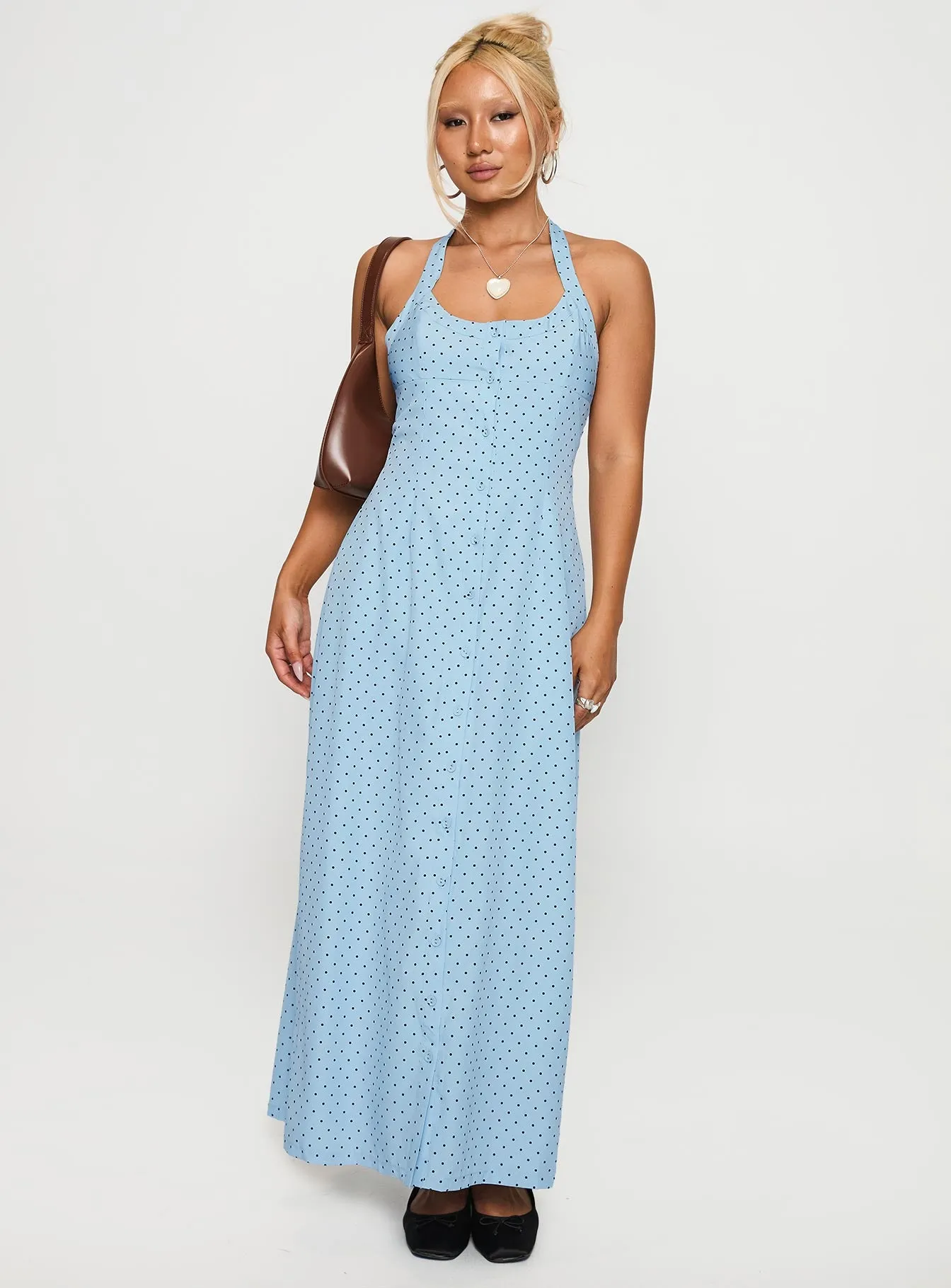 Trendy Silhouette Elastic-Waist Mallorie Halter Maxi Dress Blue / Black Polka