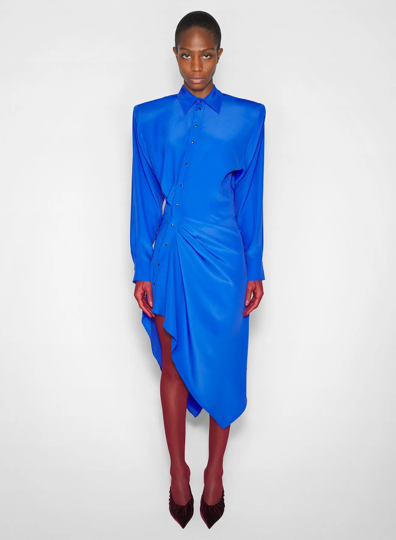 blue asymmetric shirt dress Flattering Waist Fit Saturated Hue