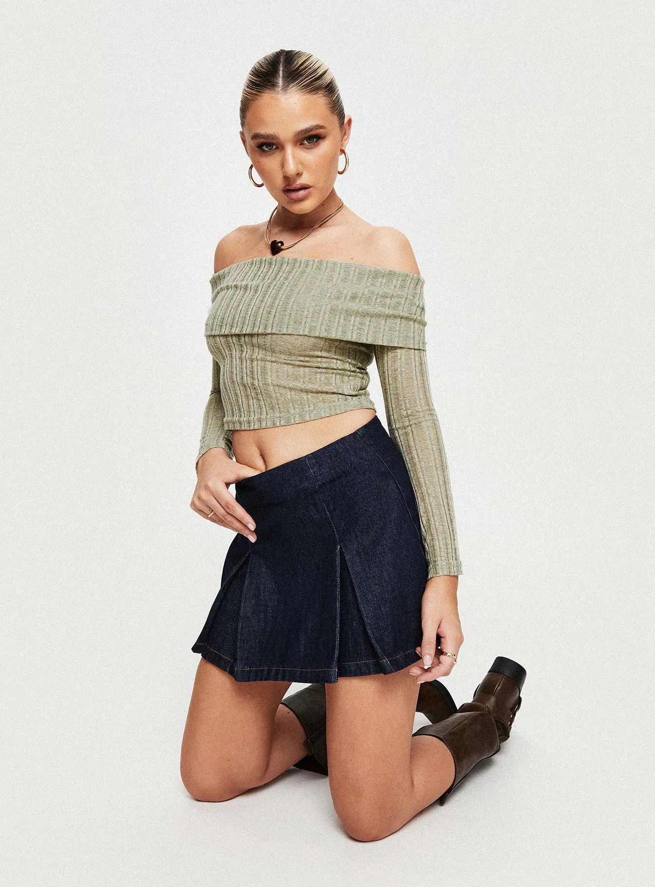 Local Artisan Satin feel Sawan Pleated Denim Mini Skirt Dark Wash